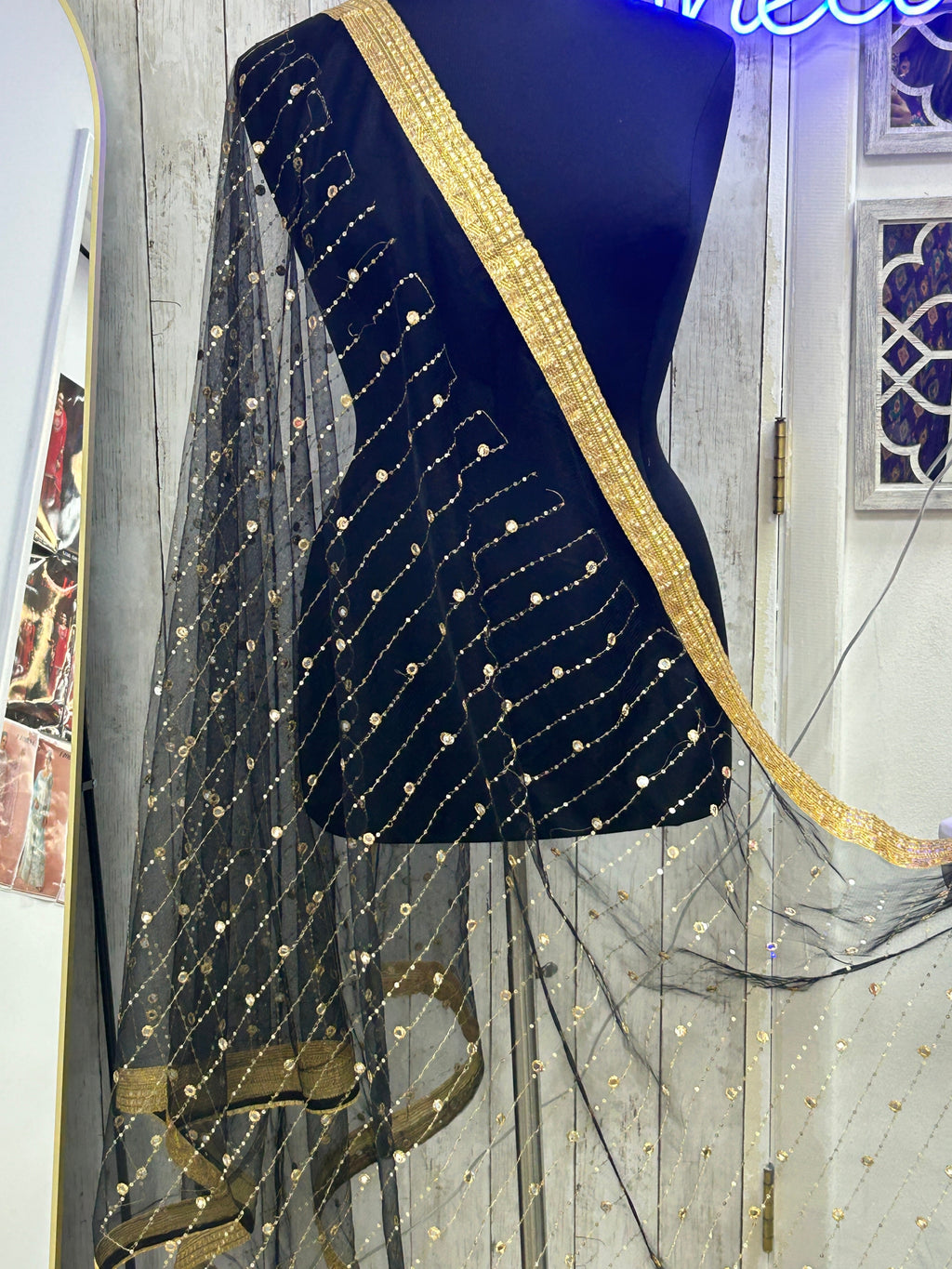 Black foil mirror work dupatta by Kurti Connection USA