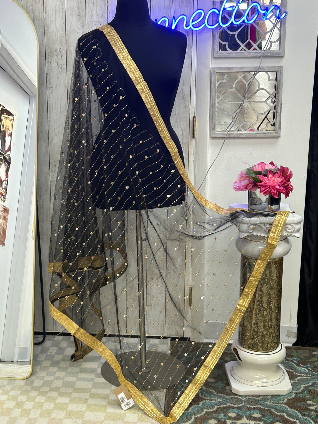 Black foil mirror work dupatta by Kurti Connection USA
