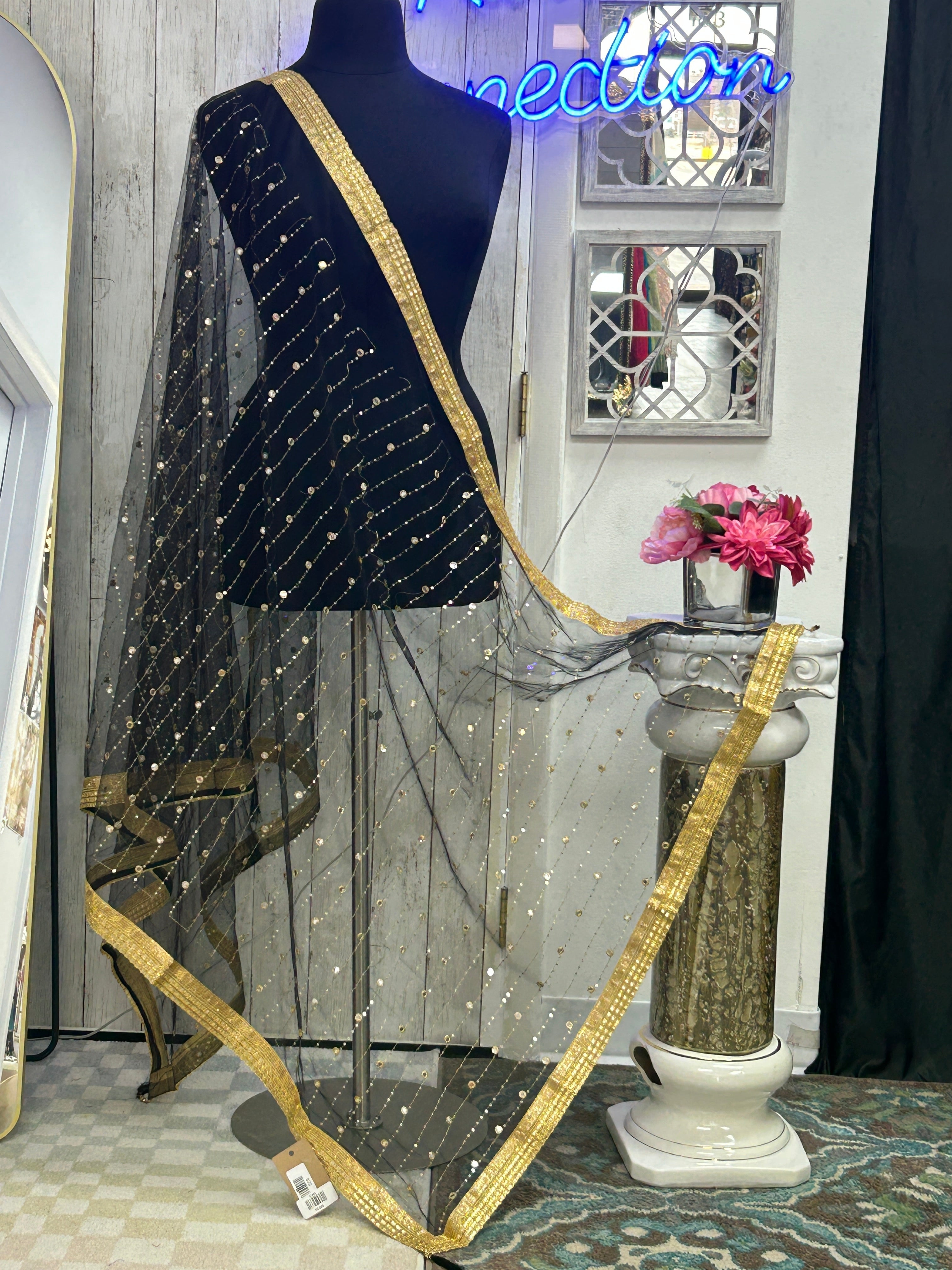 Black foil mirror work dupatta by Kurti Connection USA