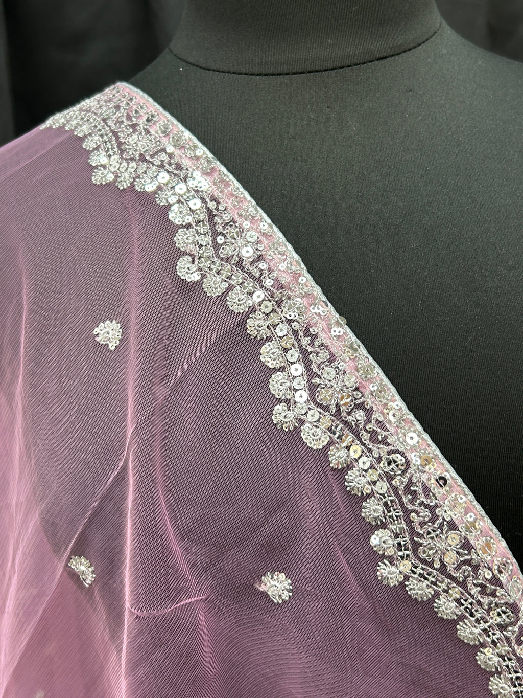 Light pink net dupatta with silver sequin border by Kurti Connection USA