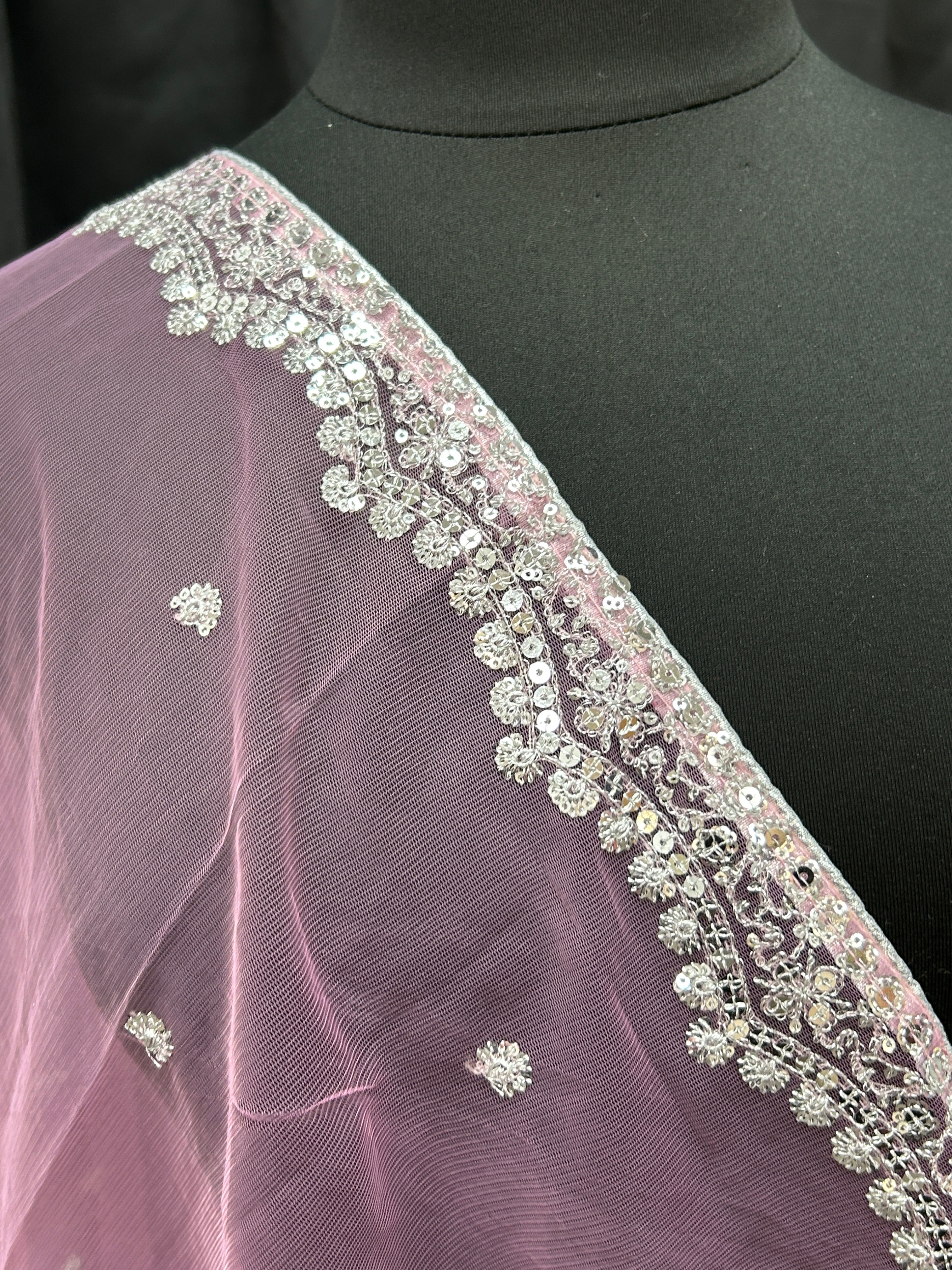 Light pink net dupatta with silver sequin border by Kurti Connection USA