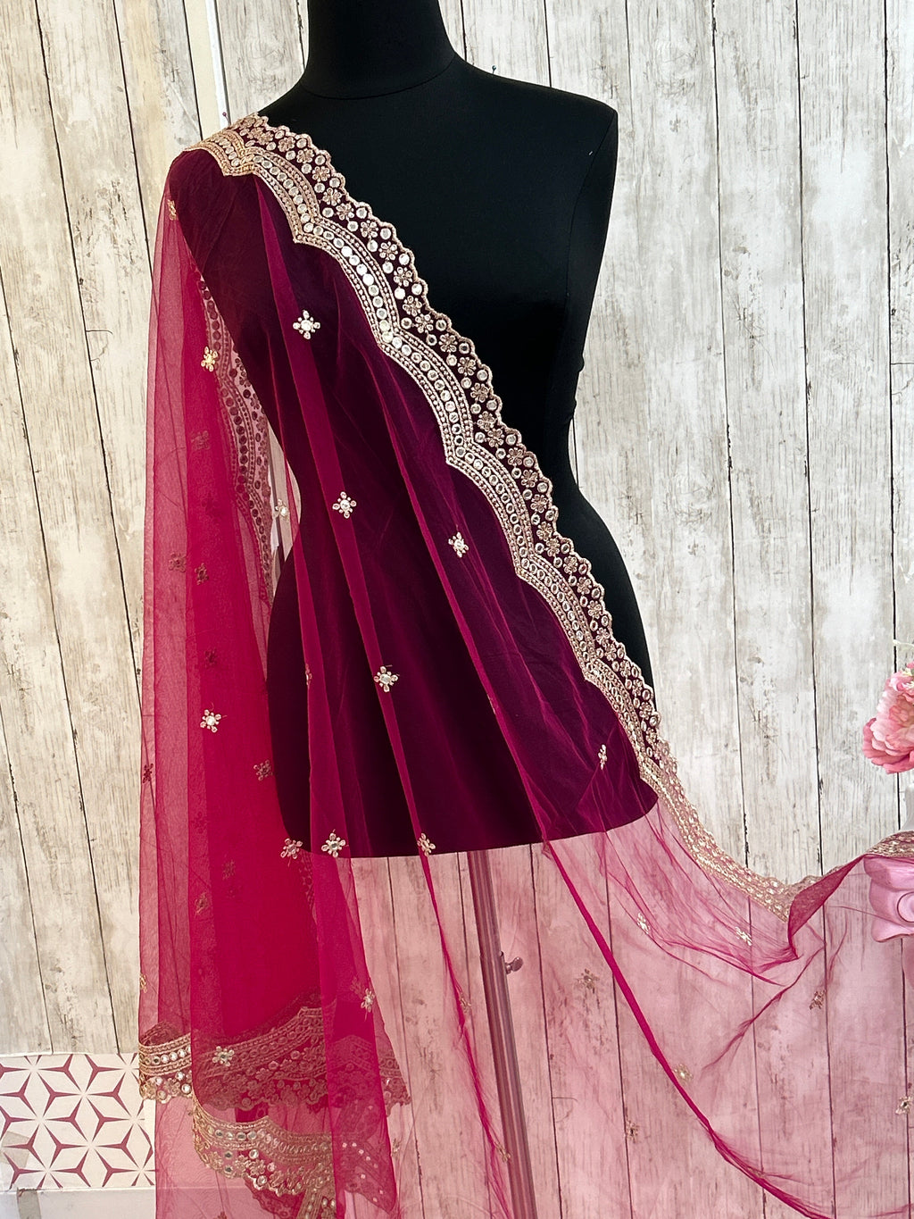 Mirror work dupatta: dark pink by Kurti Connection USA