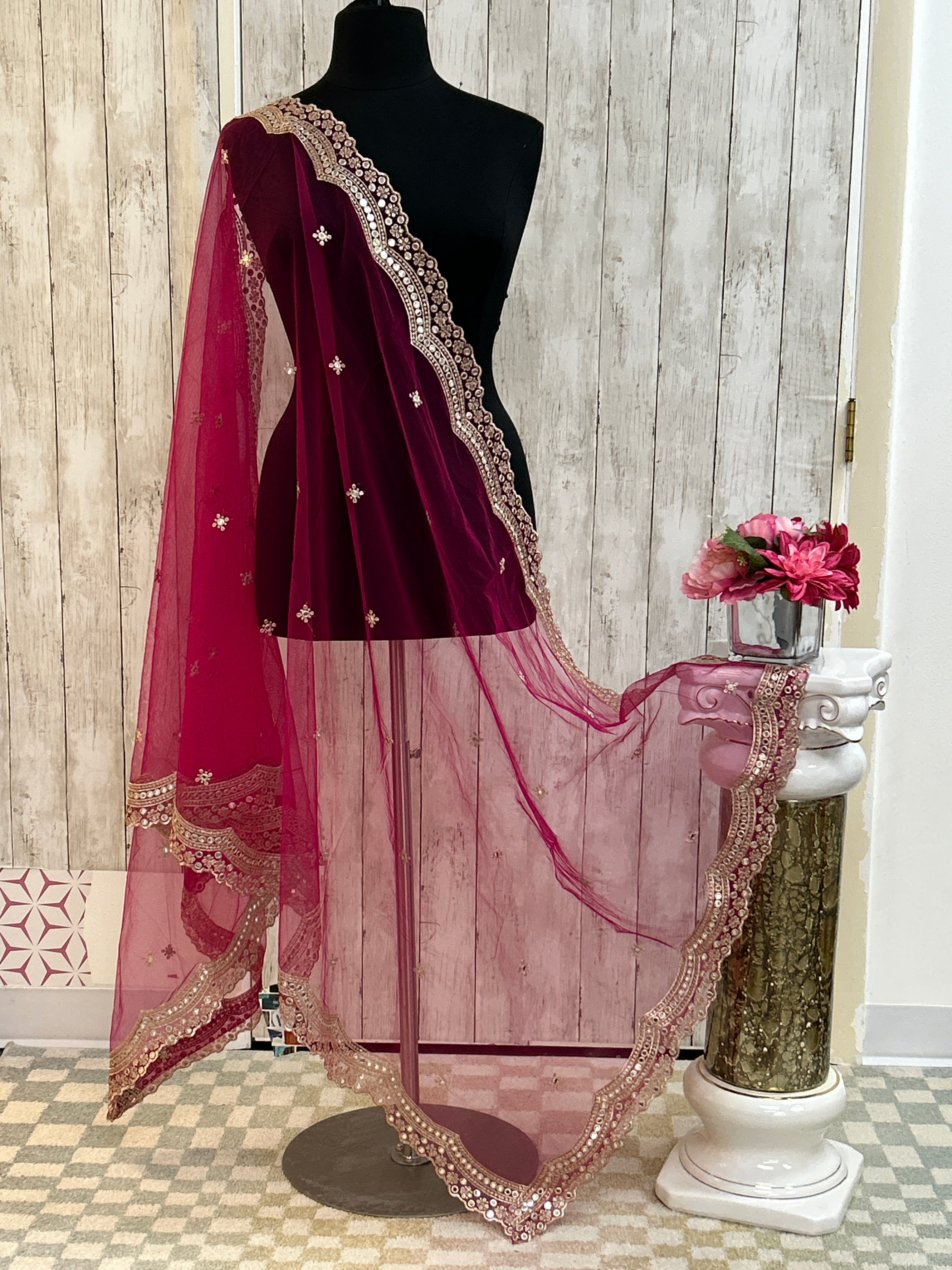 Mirror work dupatta: dark pink by Kurti Connection USA