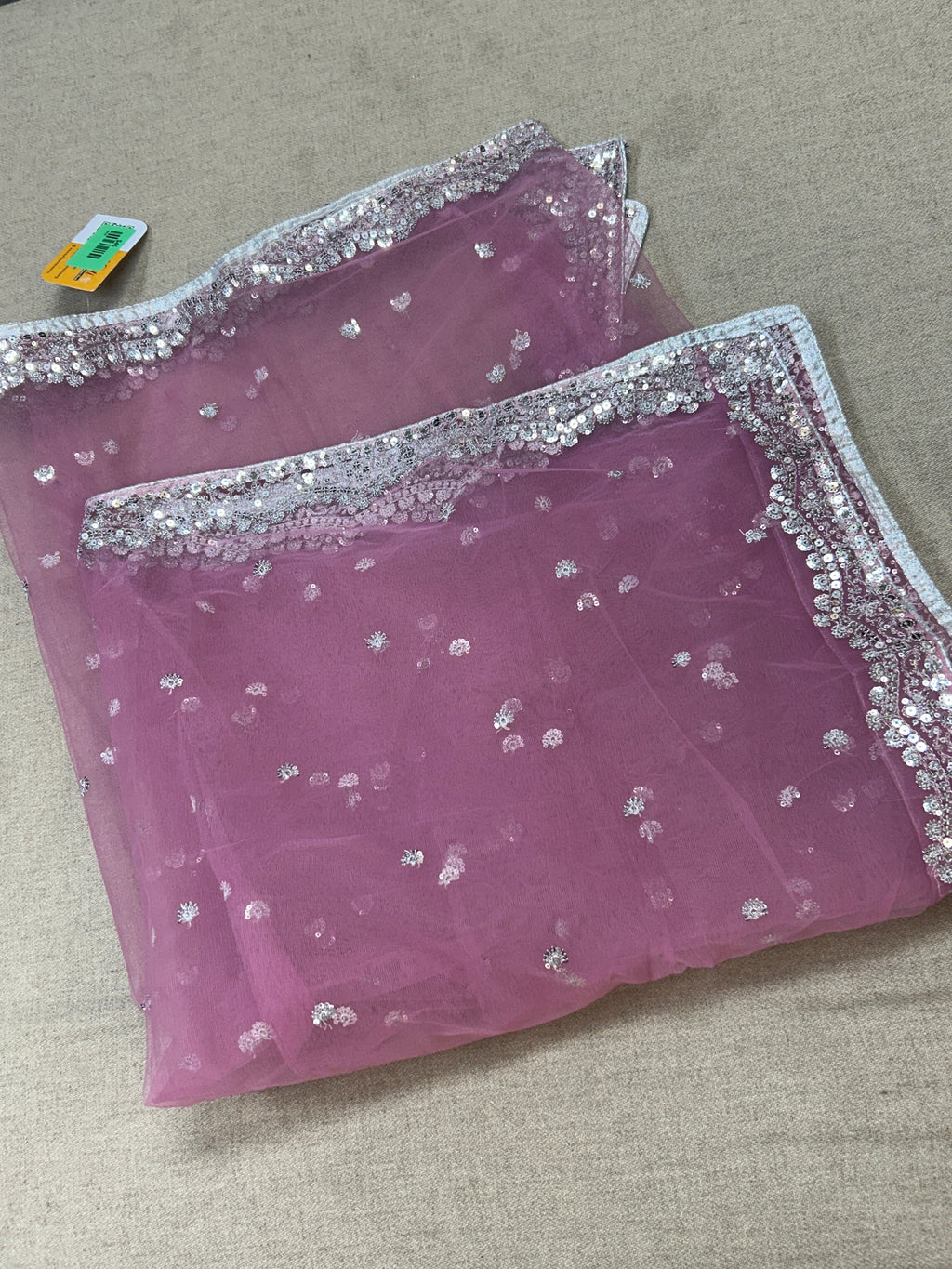 Light pink net dupatta with silver sequin border by Kurti Connection USA