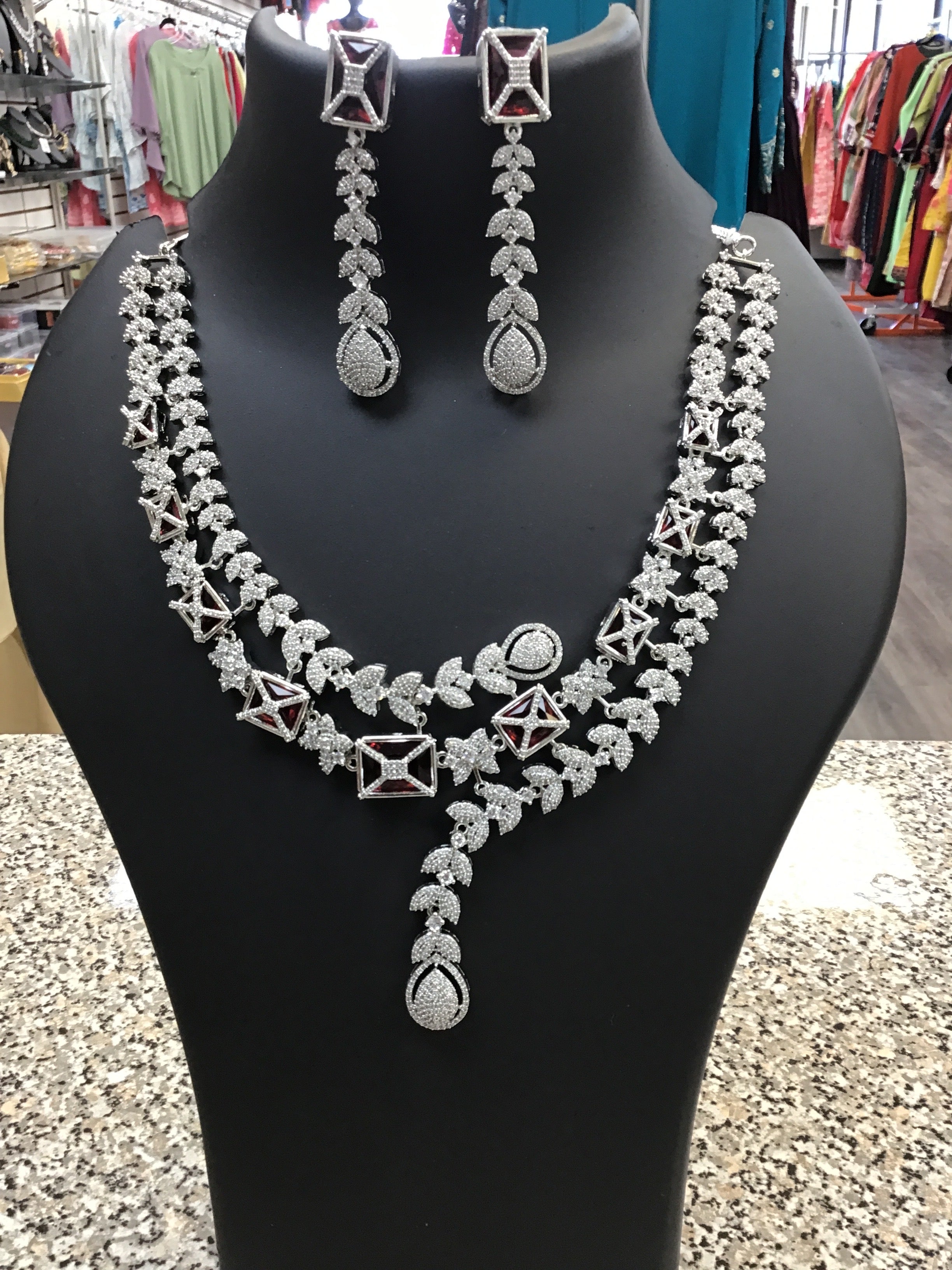 AD maroon stone necklace set