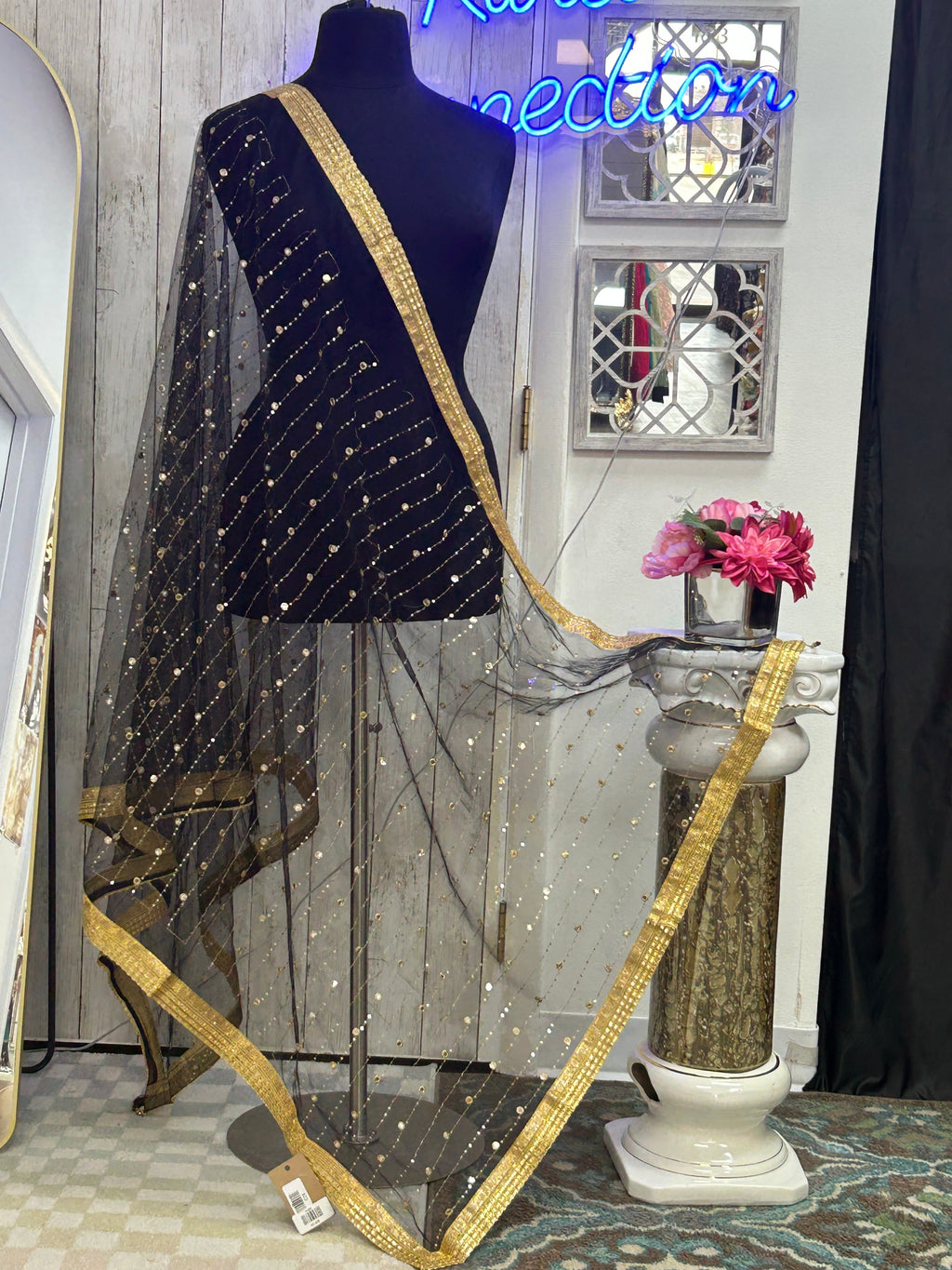 Black foil mirror work dupatta by Kurti Connection USA