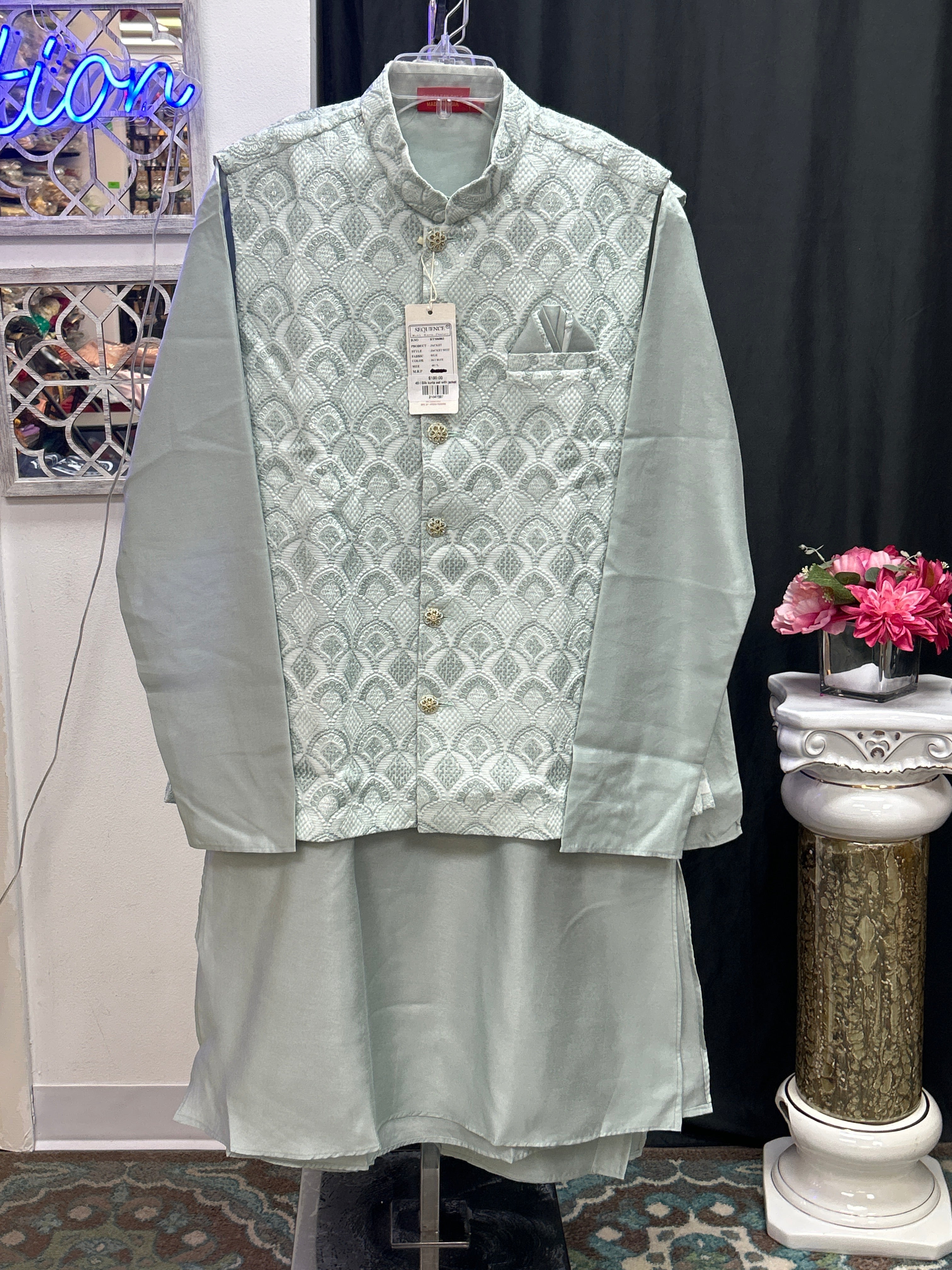 Silk kurta set with jacket by Kurti Connection USA