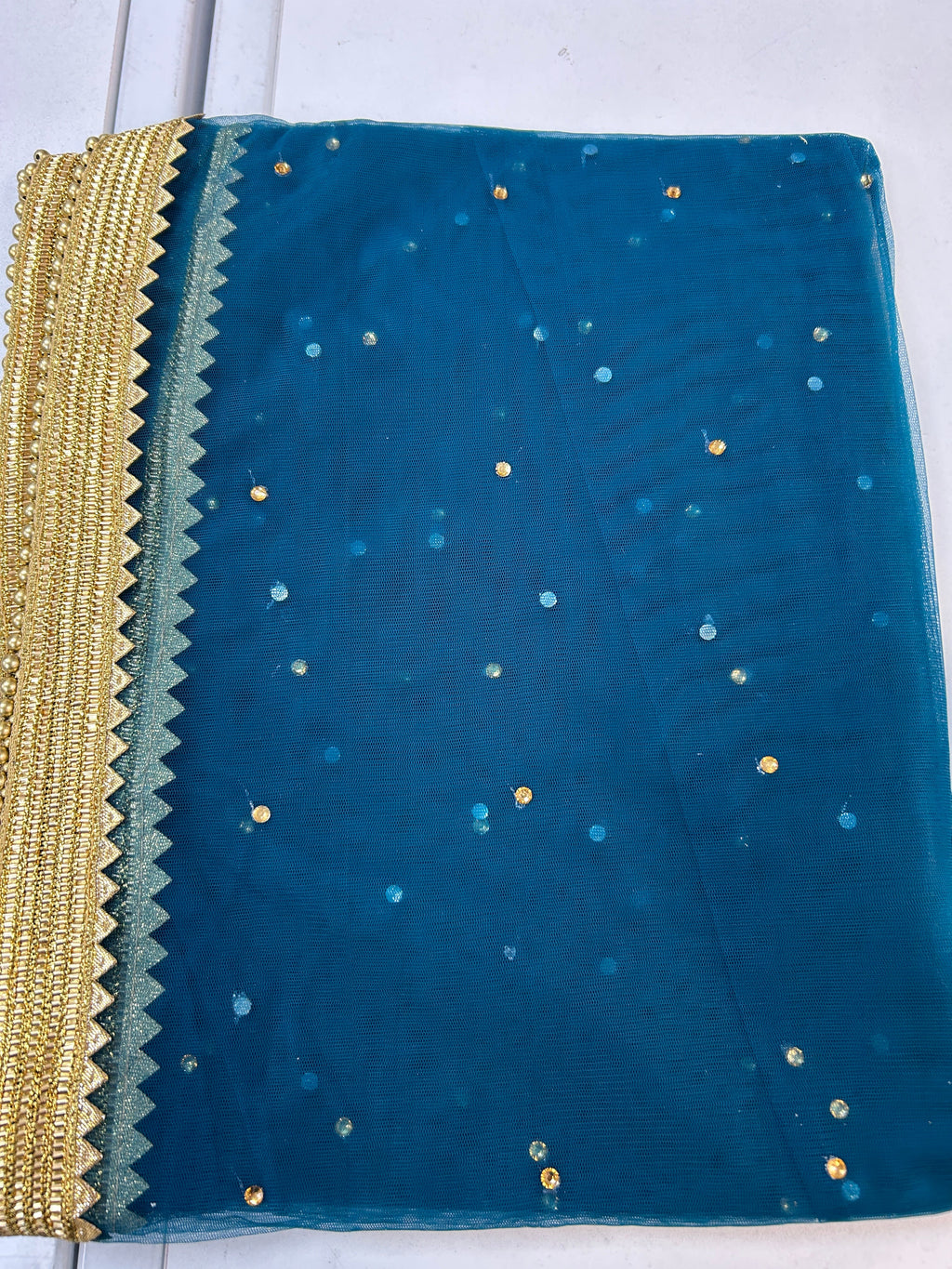 Blue net duppata with heavy lace