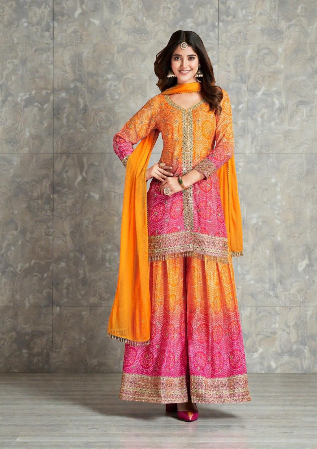 Rangeela : Bandhani silk sharara suits by Kurti Connection USA