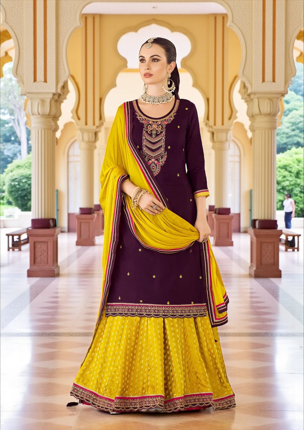 Purple : Modal silk Kurti with banarasi skirt by Kurti Connection USA
