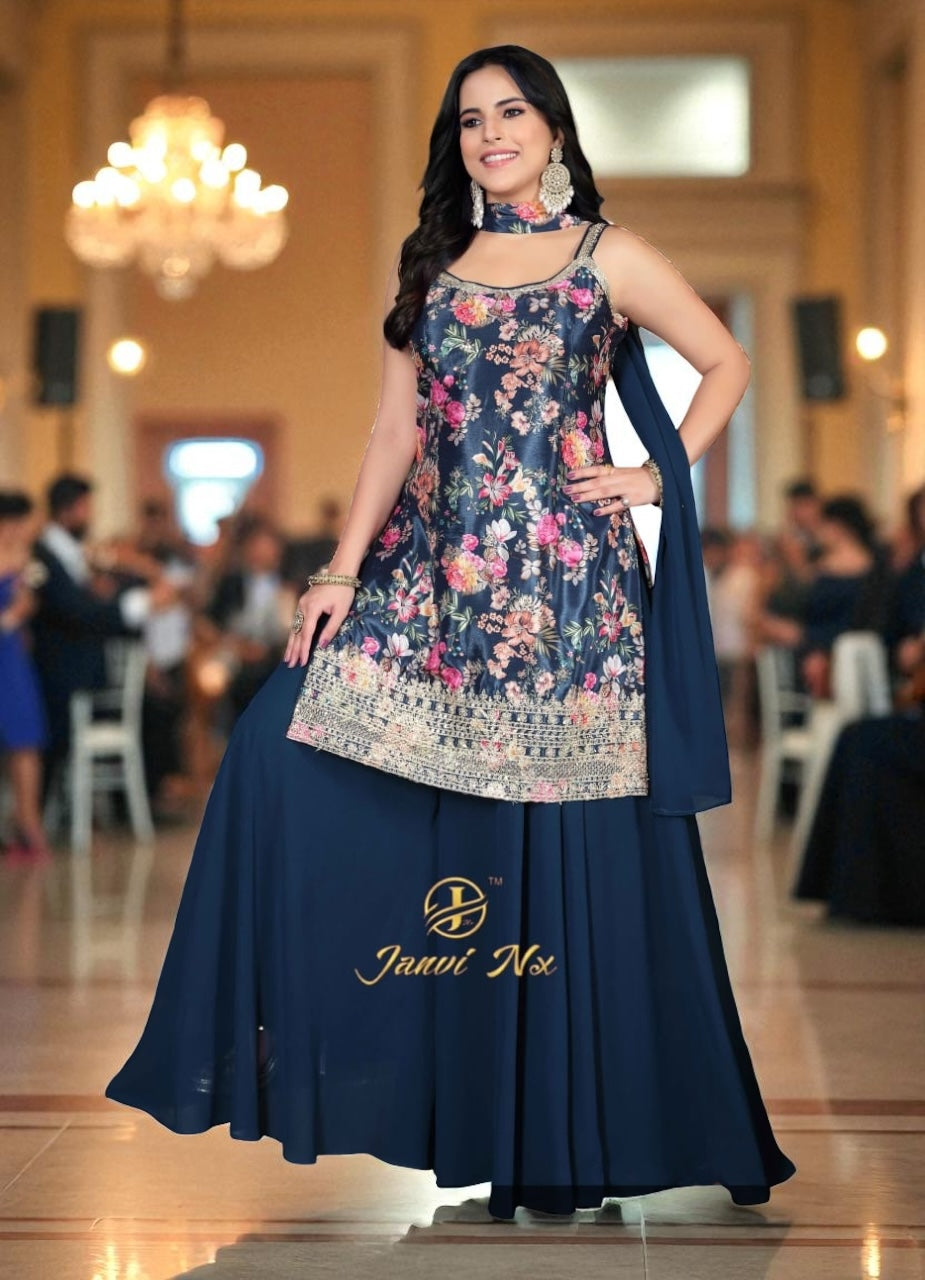 Satin silk party wear sharara set by Kurti Connection USA