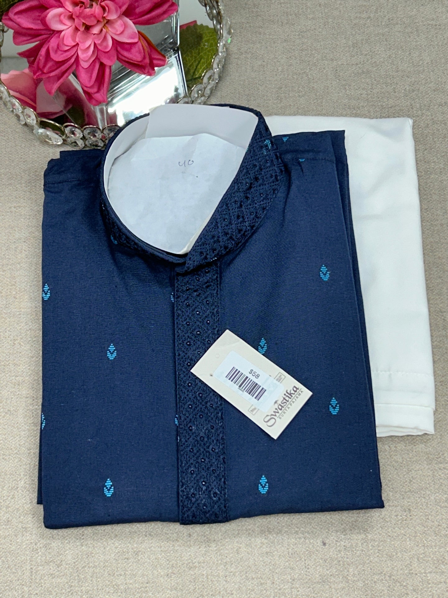 Dark blue cotton kurta set - Kurti Connection USA