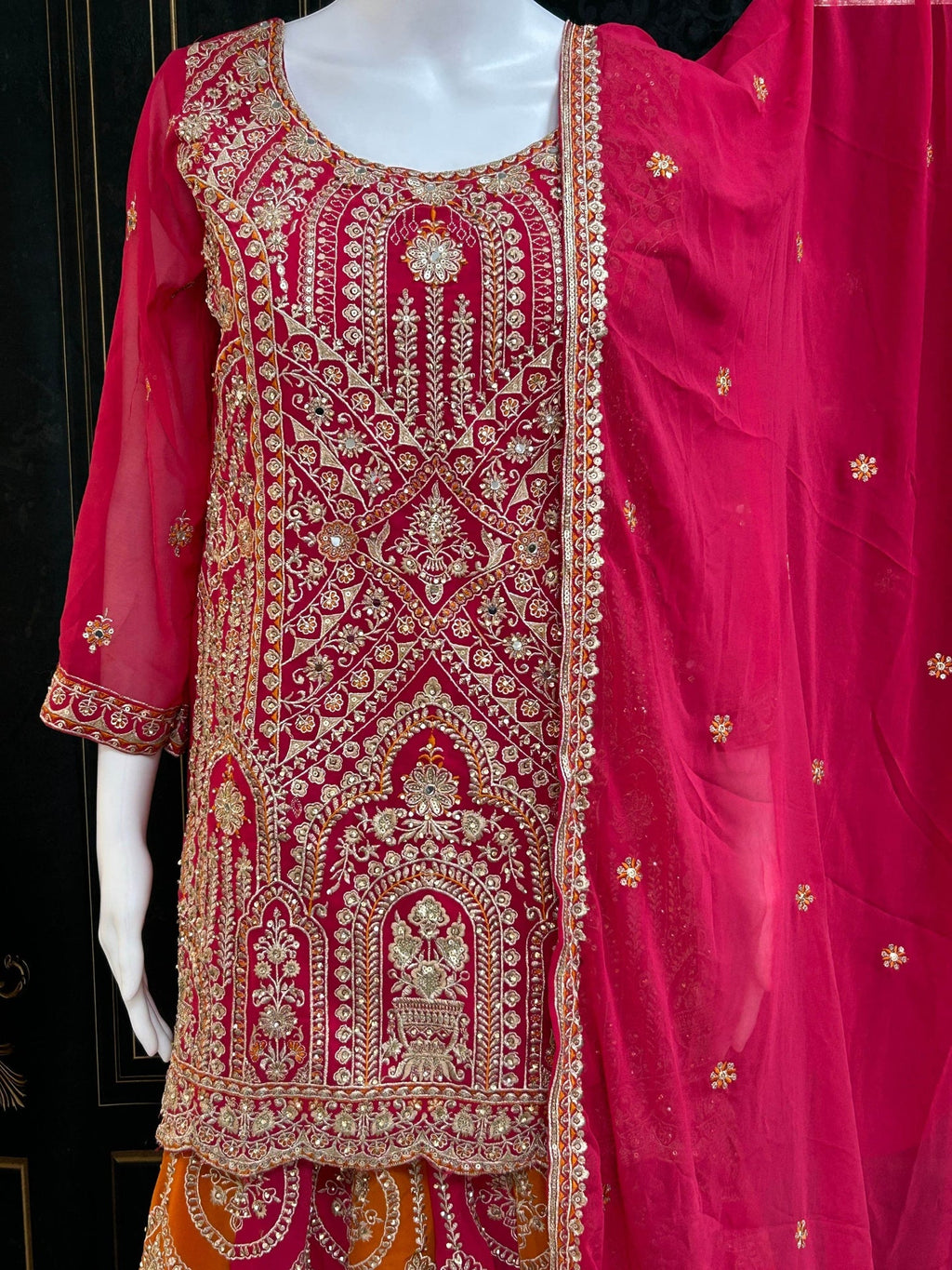 Dark pink sharara suit with heavy work - Kurti Connection USA
