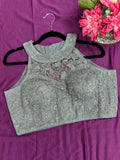 Grey : Halter neck embroidered blouse - Kurti Connection USA