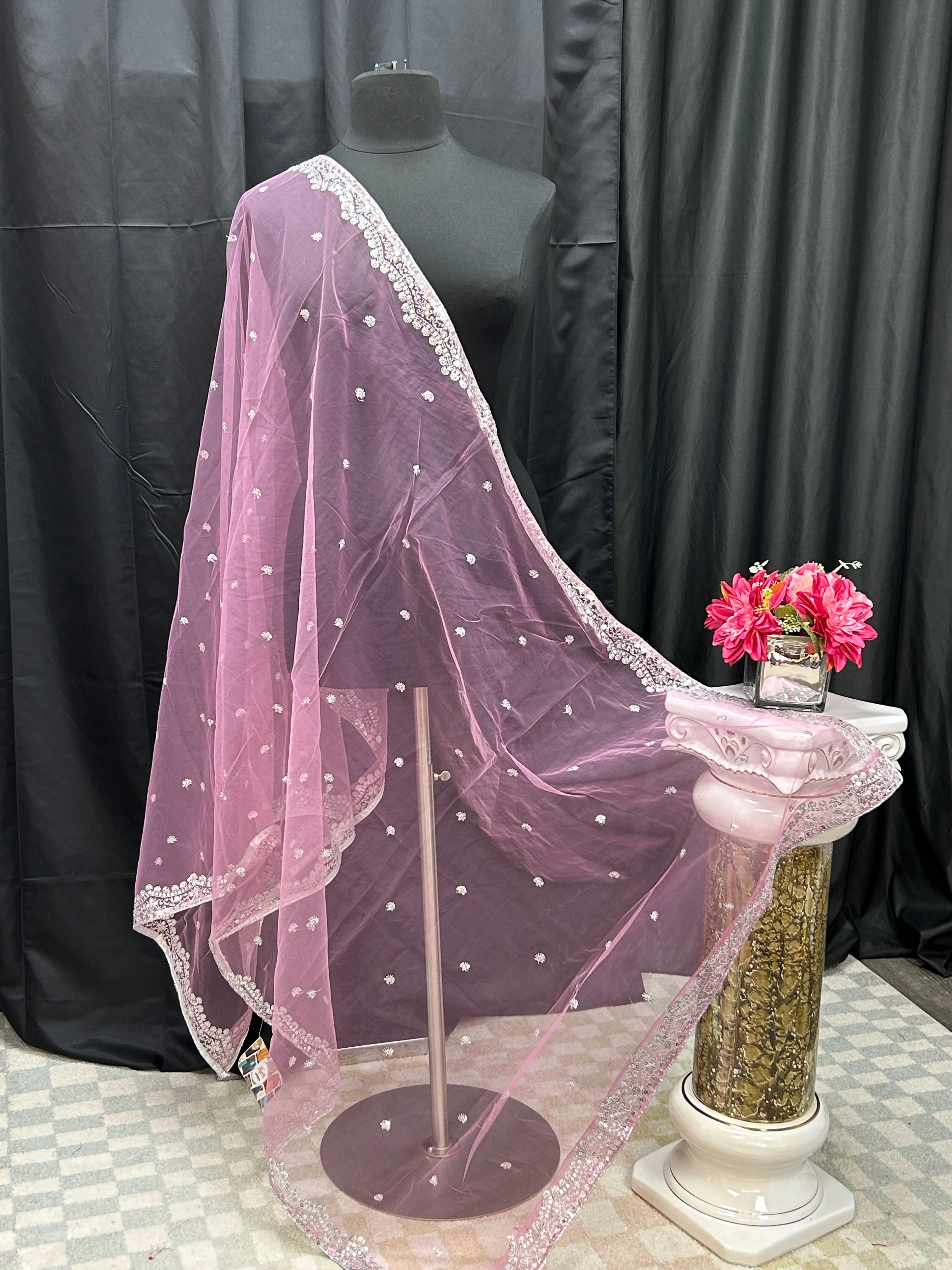 Light pink net dupatta with silver sequin border by Kurti Connection USA