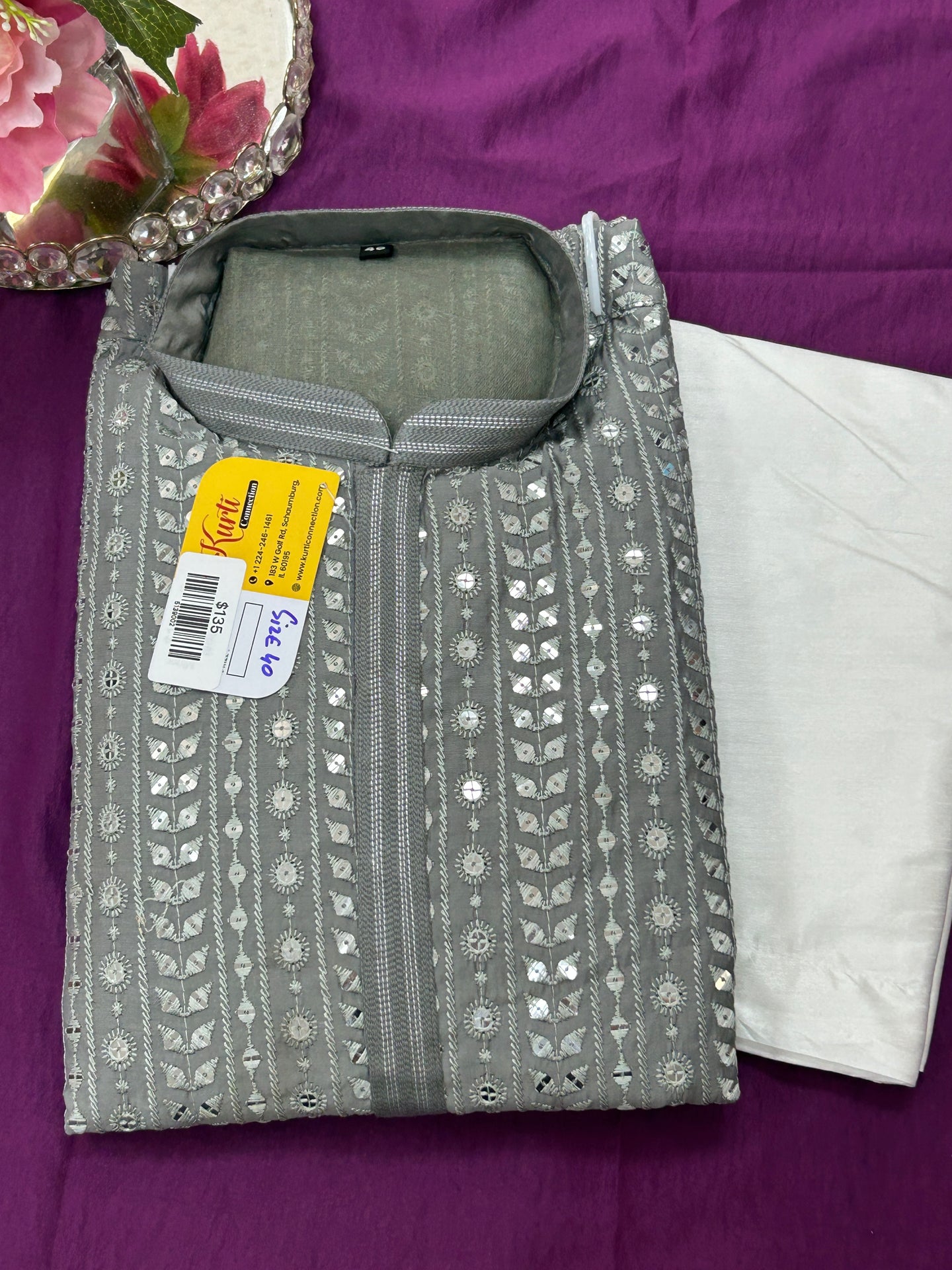 Sequin kurta set : light grey - Kurti Connection USA