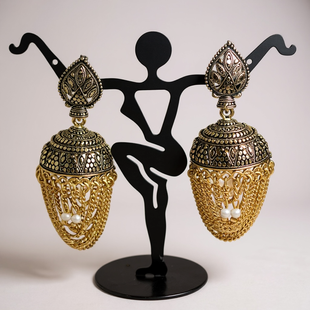 Antique gold finish jhumki earrings by Kurti Connection USA