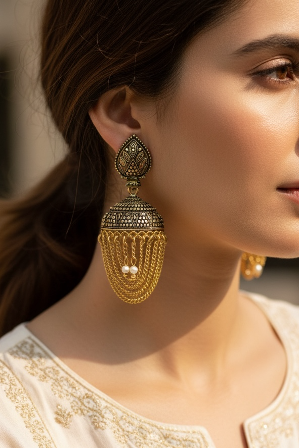 Antique gold finish jhumki earrings by Kurti Connection USA