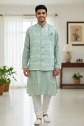 Silk kurta set with jacket by Kurti Connection USA
