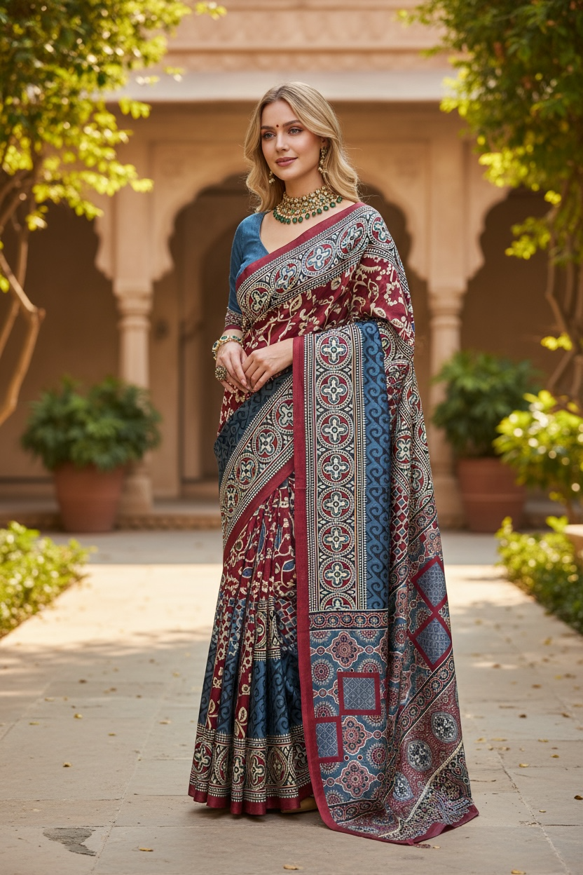 Ajrakh saree on modal silk by Kurti Connection USA