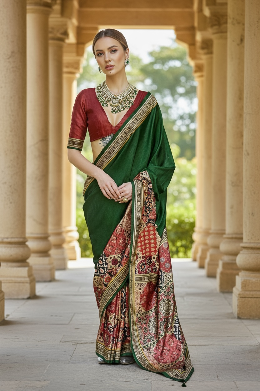 Ajrakh saree on modal silk by Kurti Connection USA