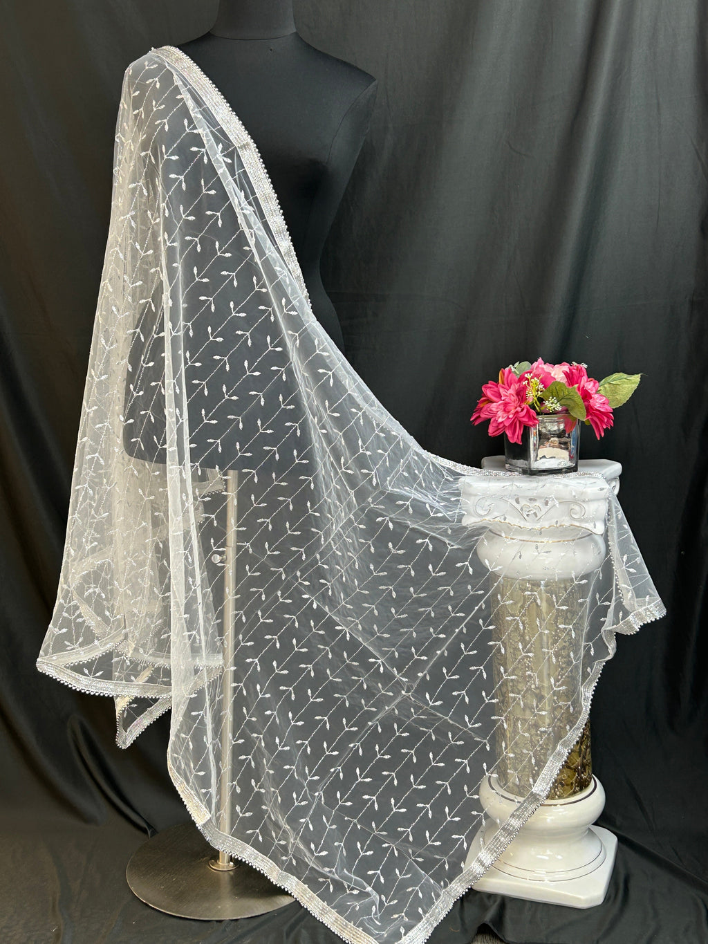 Silver color embroidered dupatta by Kurti Connection USA