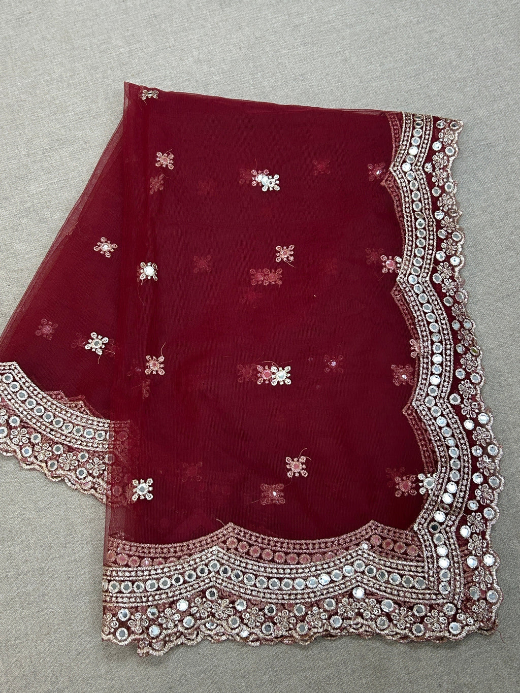 Fancy net dupatta: maroon with light gold work by Kurti Connection USA