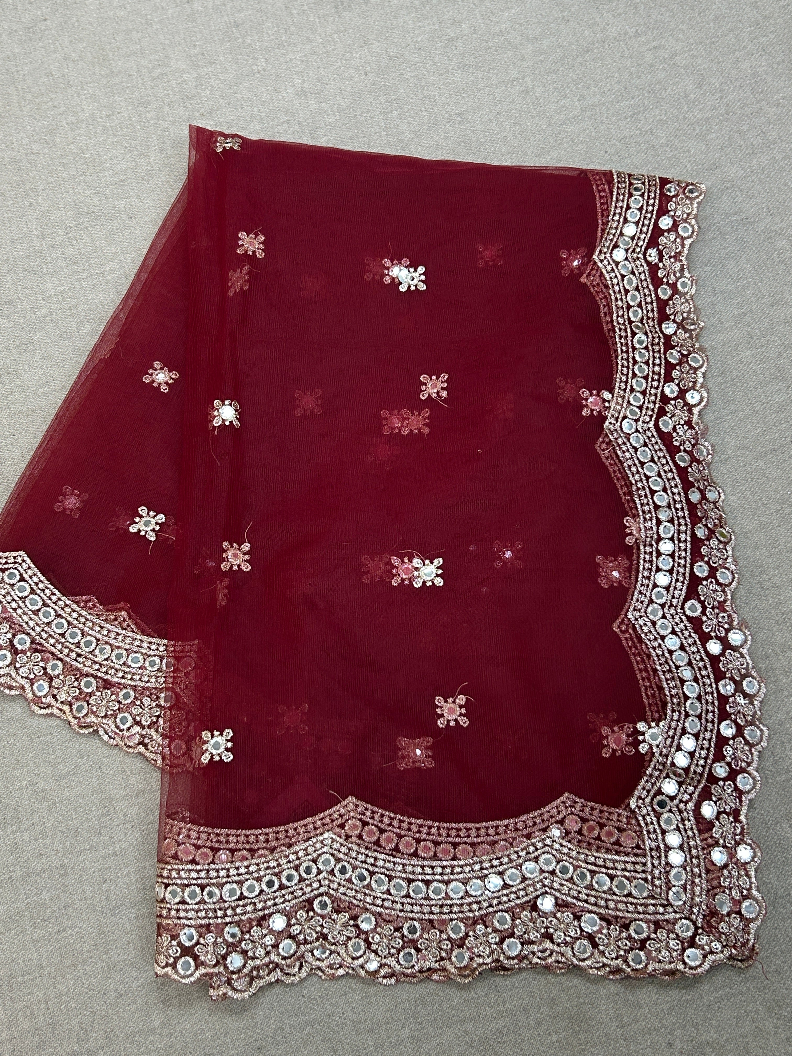 Fancy net dupatta: maroon with light gold work by Kurti Connection USA