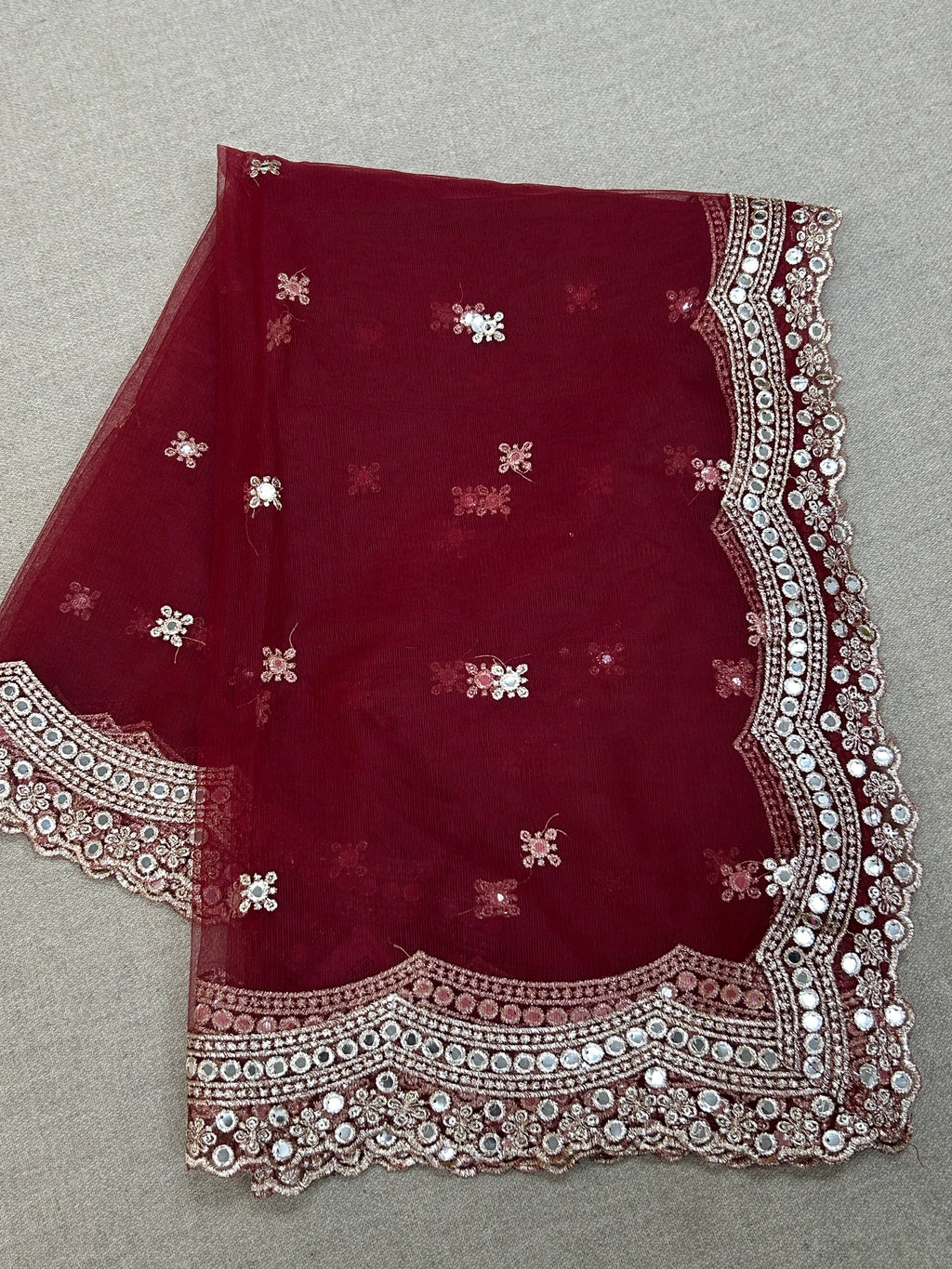 Fancy net dupatta: maroon with light gold work by Kurti Connection USA