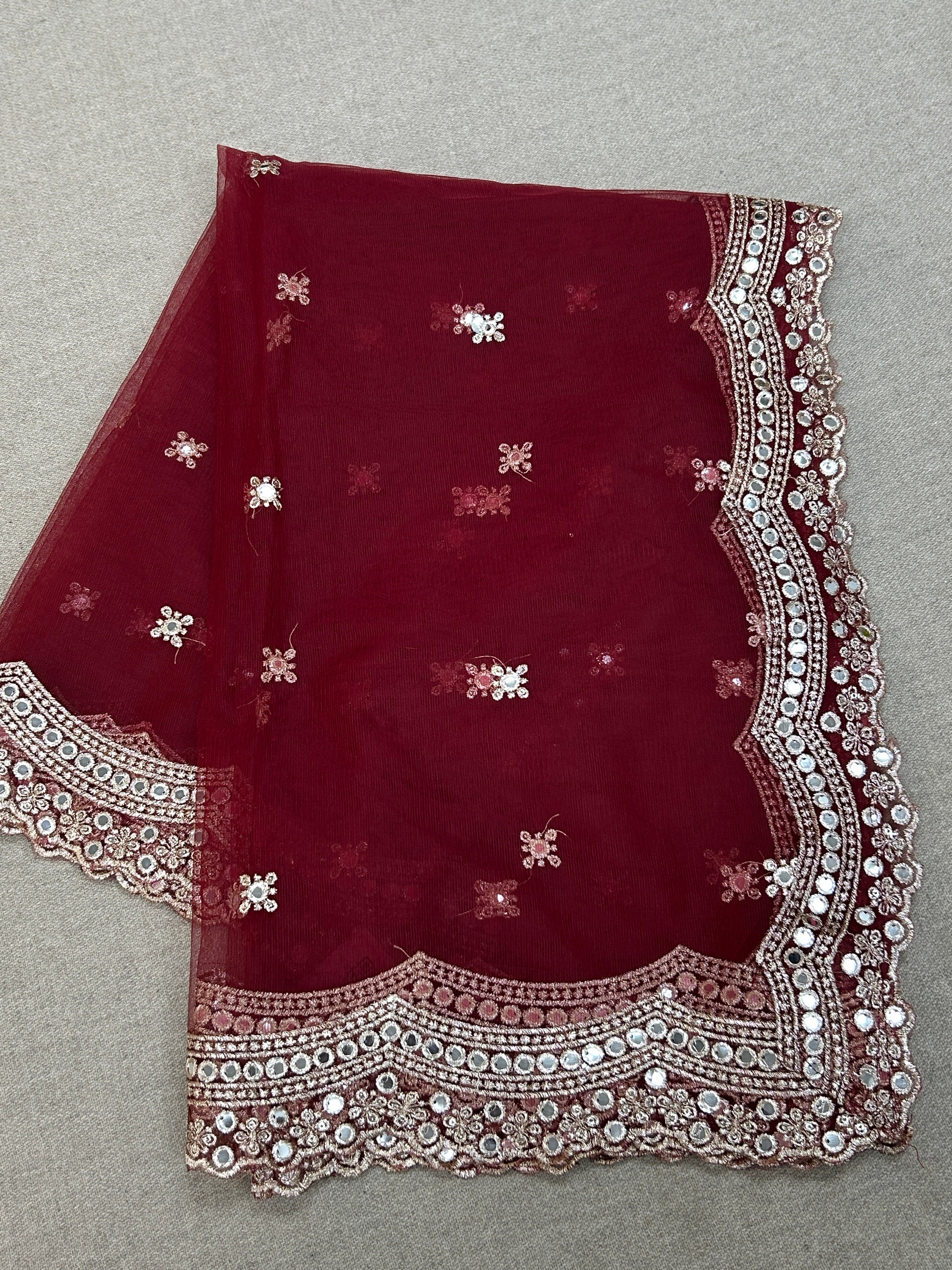 Fancy net dupatta: maroon with light gold work by Kurti Connection USA