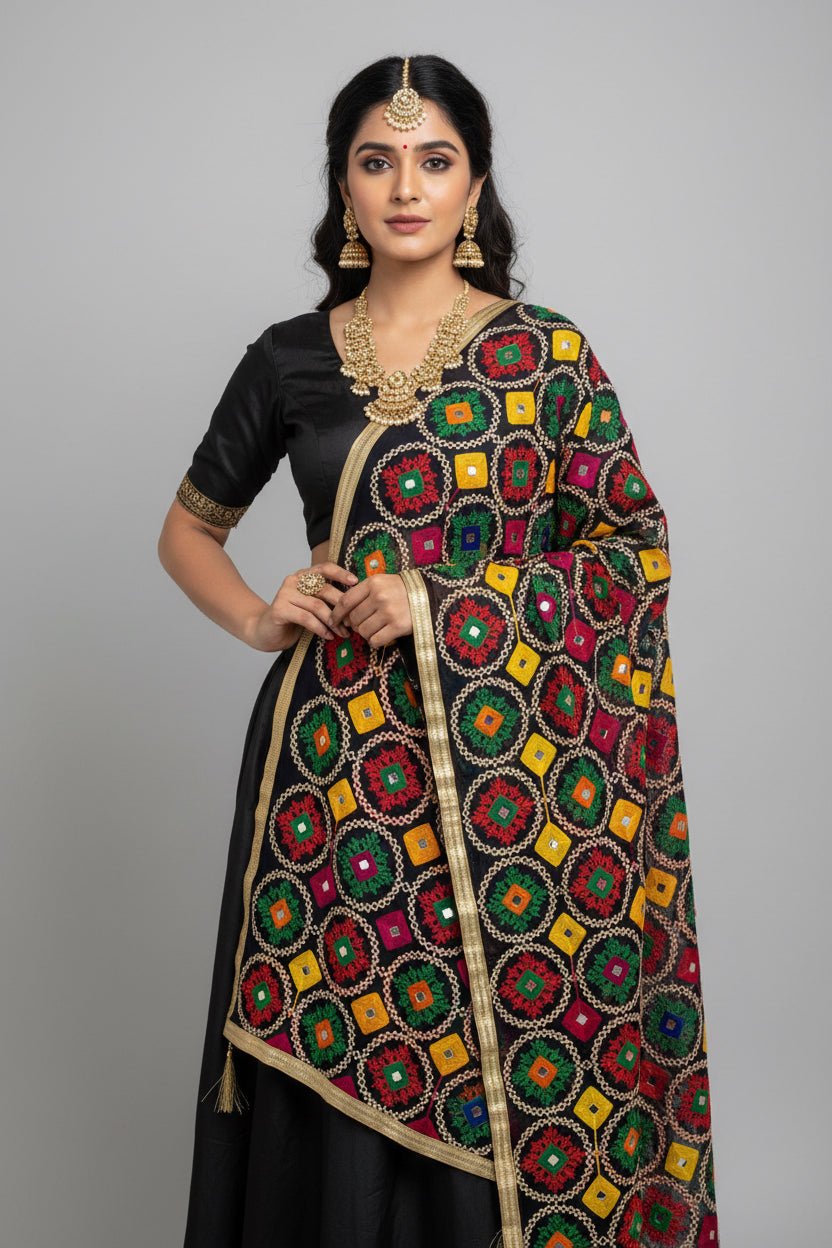 Navy blue dupatta with phulkari work by Kurti Connection USA