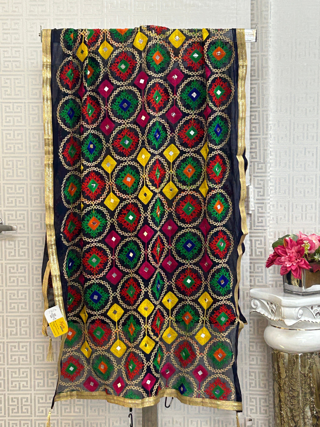 Navy blue dupatta with phulkari work by Kurti Connection USA