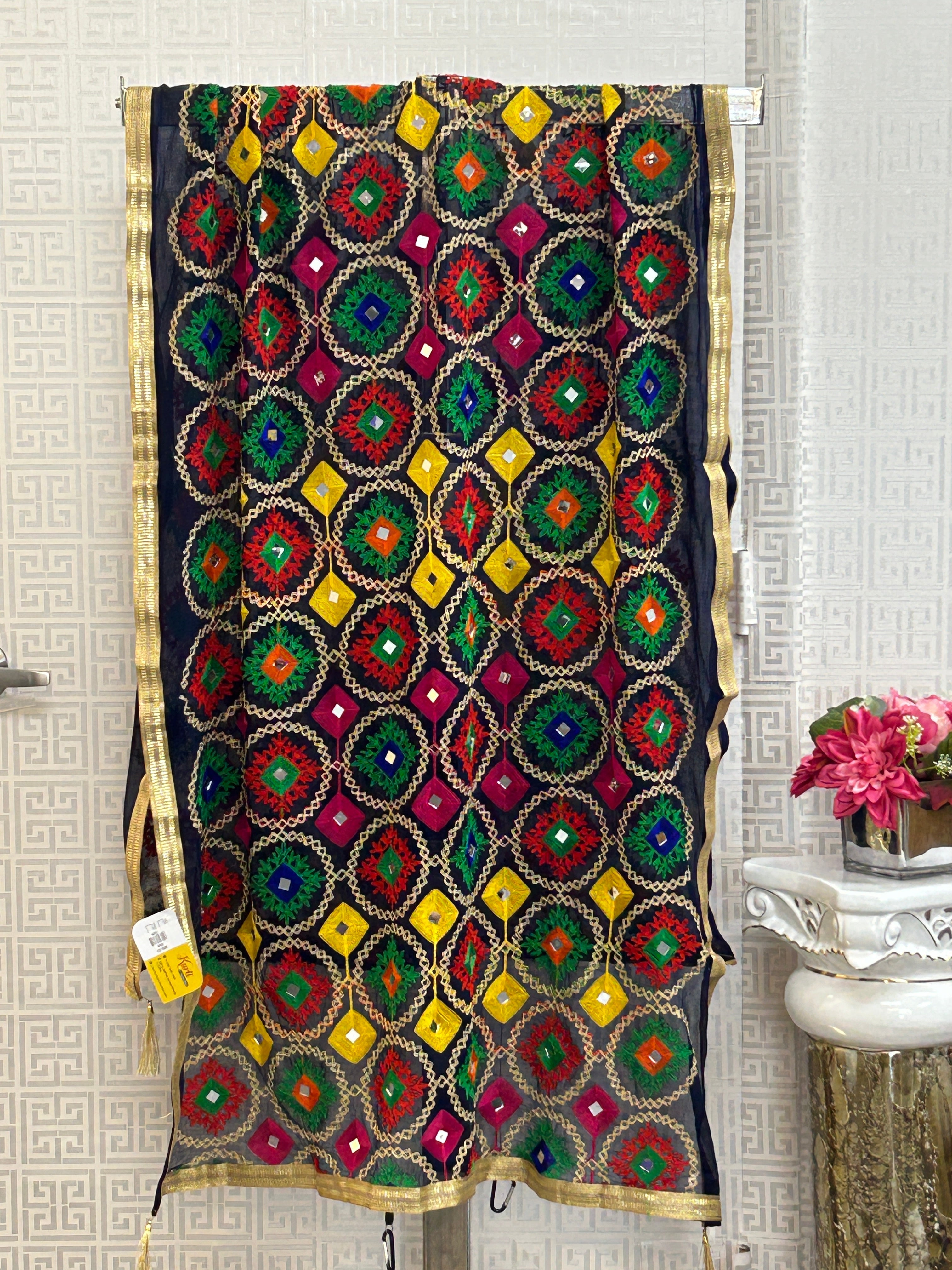 Navy blue dupatta with phulkari work by Kurti Connection USA