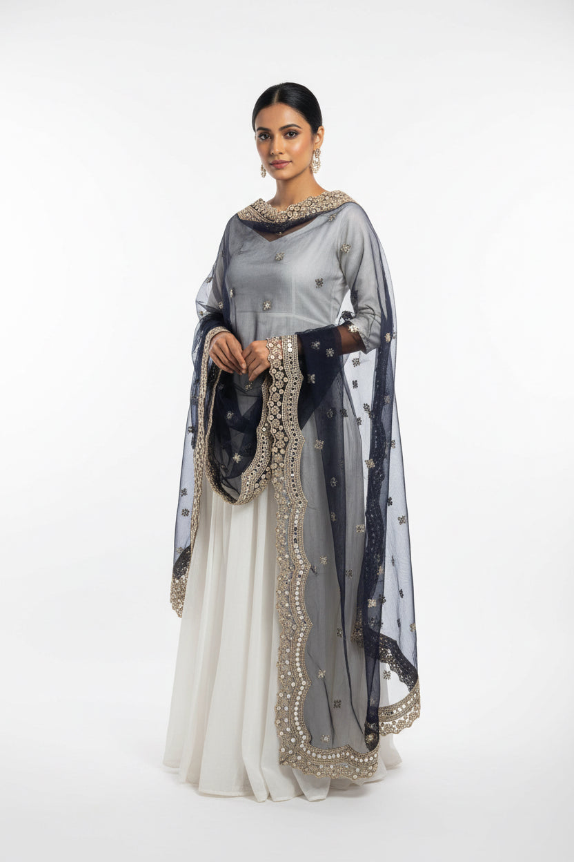 Navy blue party wear dupatta by Kurti Connection USA
