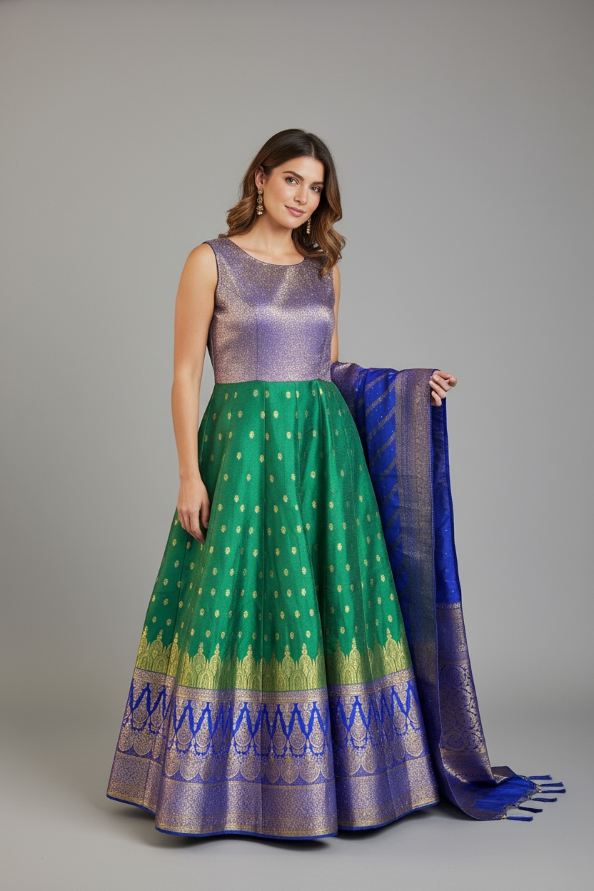 Kanjeevaram silk heavy long gown by Kurti Connection USA