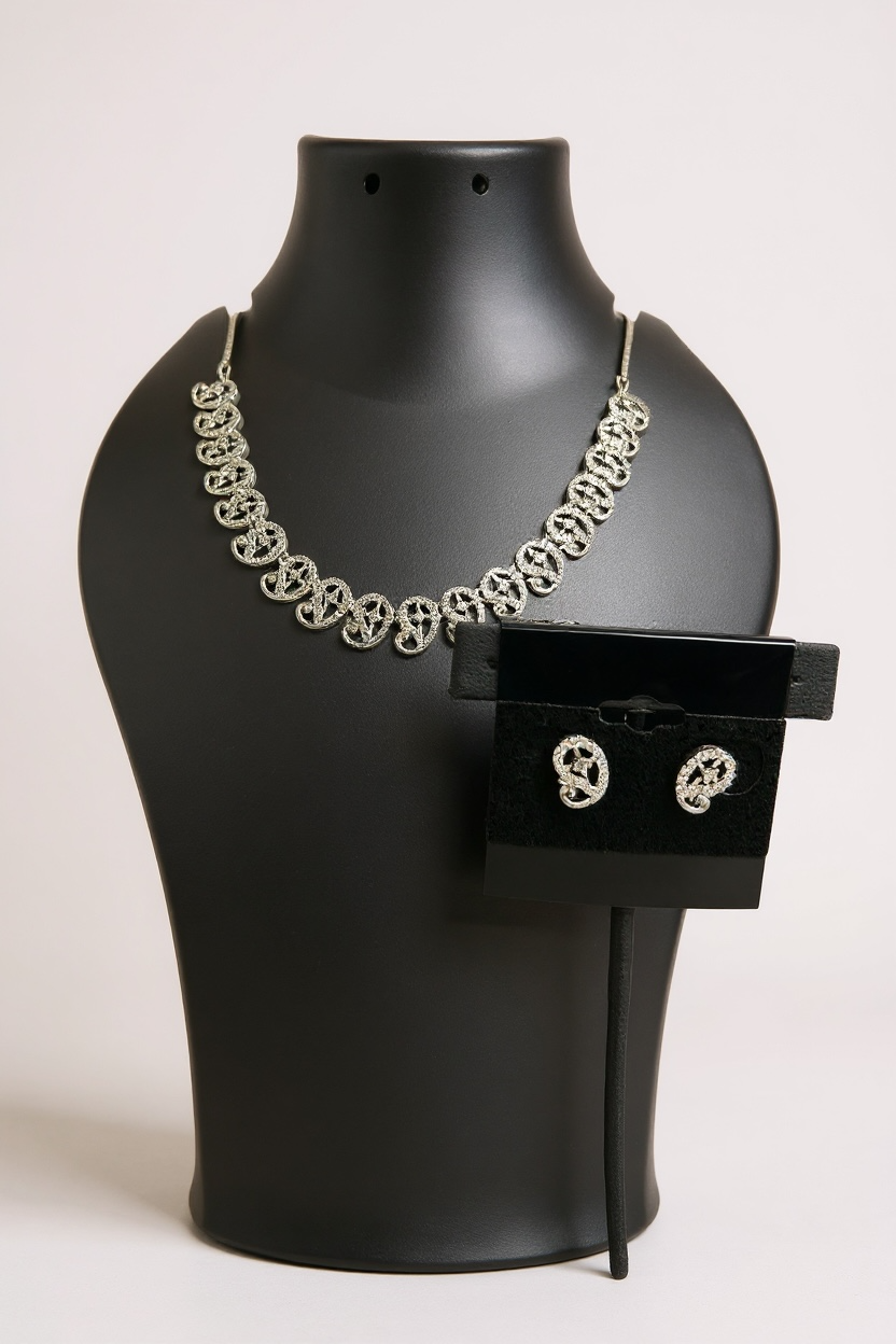 Lightweight silver look necklace set : AD STONE by Kurti Connection USA