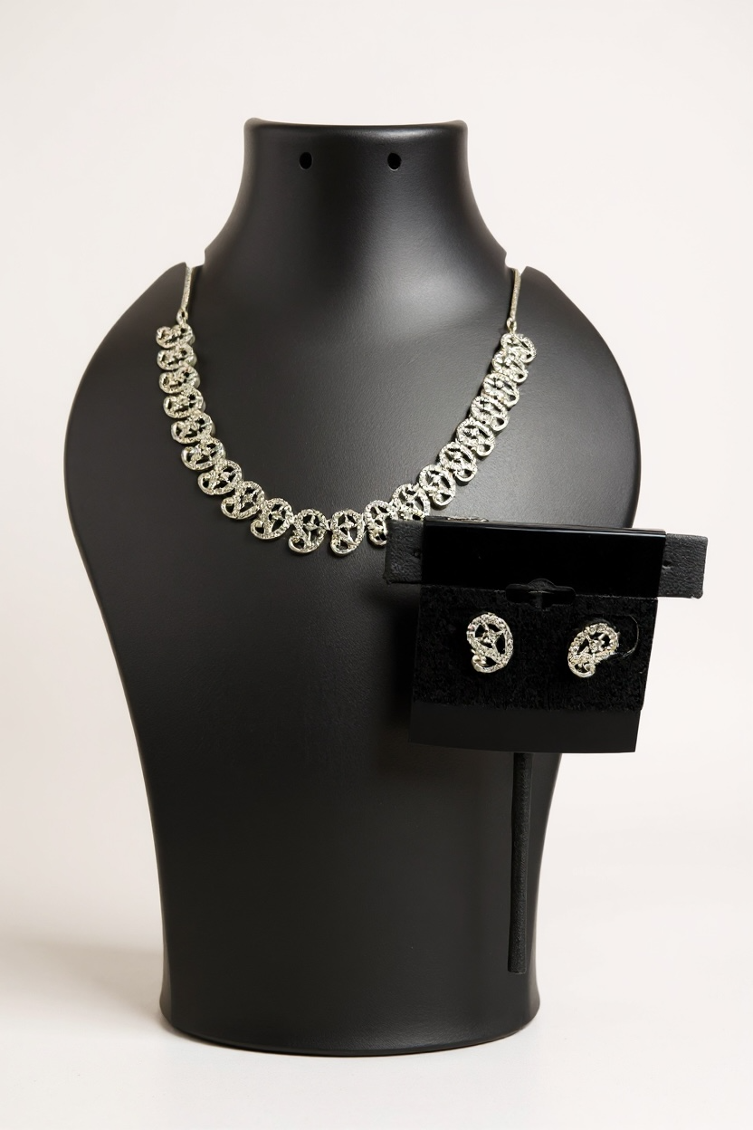 Lightweight silver look necklace set : AD STONE by Kurti Connection USA