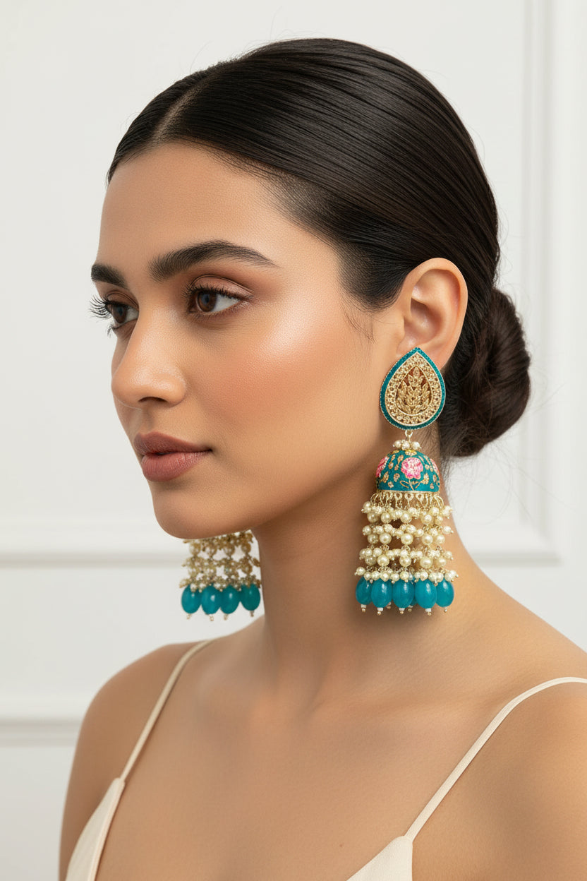 Teal blue long jhumki by Kurti Connection USA