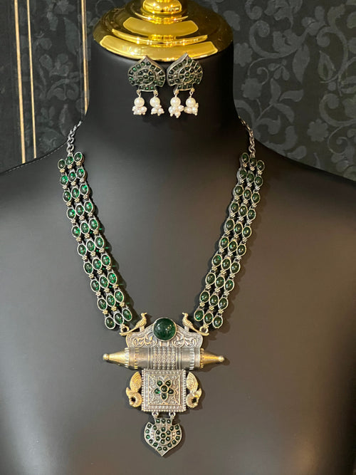 92.5 silver necklace | dual tone necklace with stone setting by Kurti Connection USA