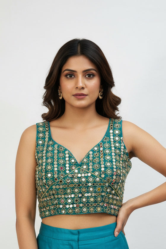 Teal blue mirror blouse by Kurti Connection USA