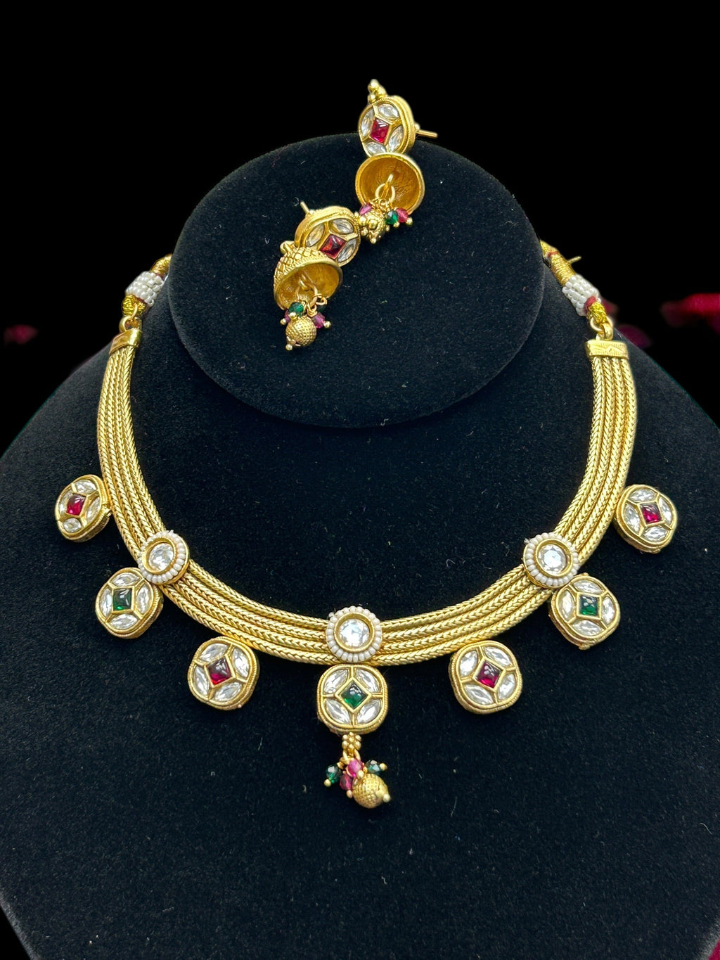 One gram gold polished necklace set by Kurti Connection USA