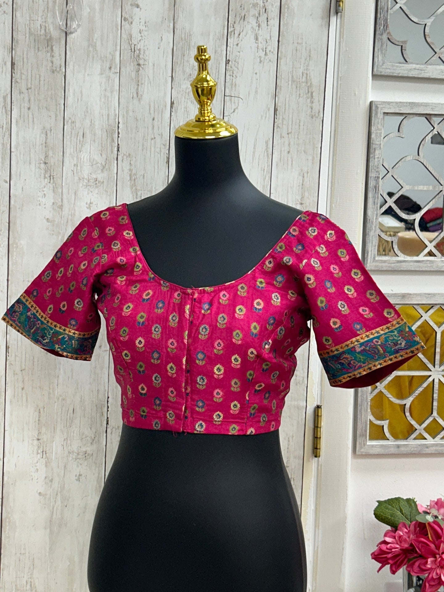 Silk blouse with teal blue detailing by Kurti Connection USA