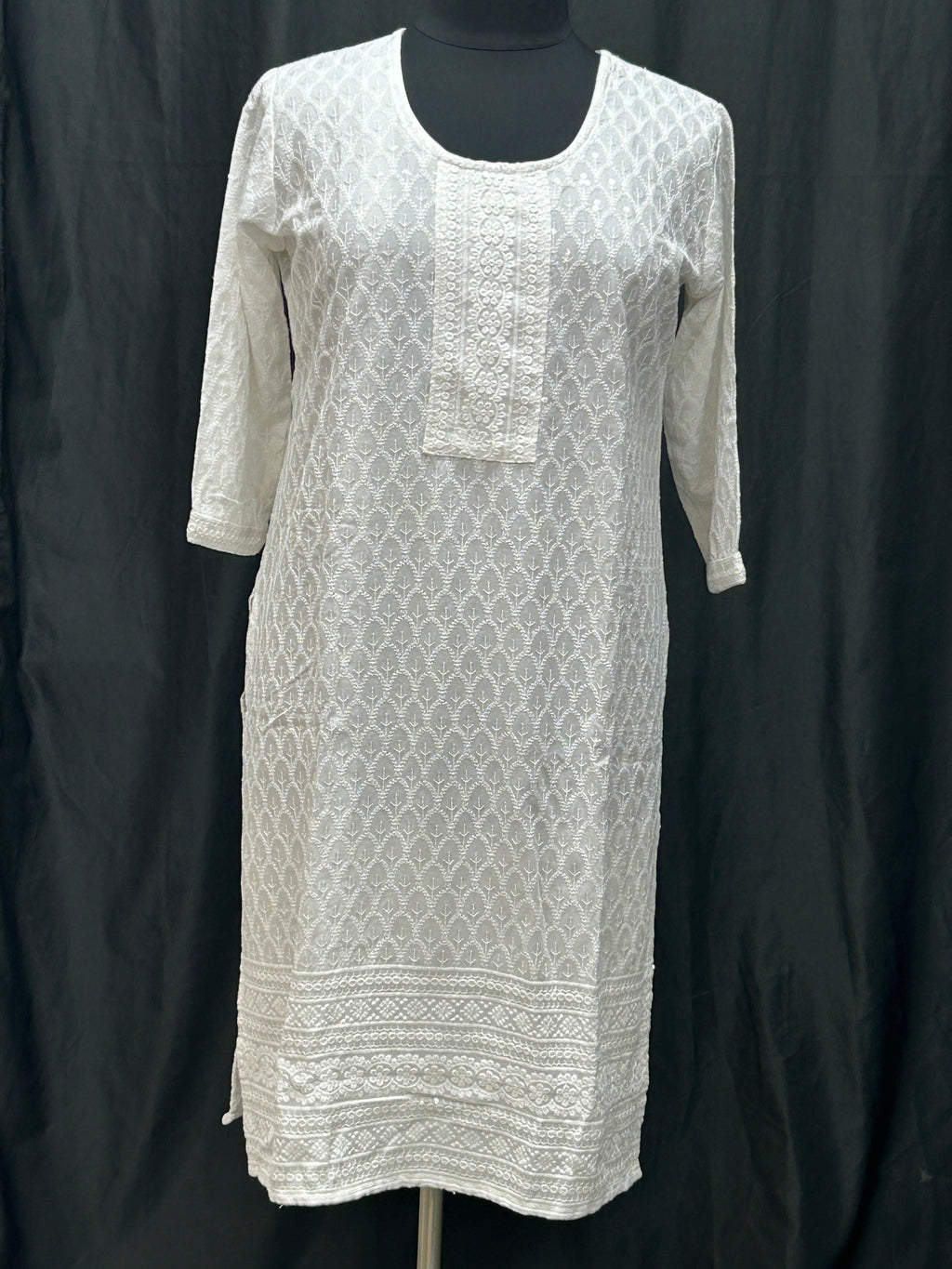 White chikankari kurti with light sequin work by Kurti Connection USA