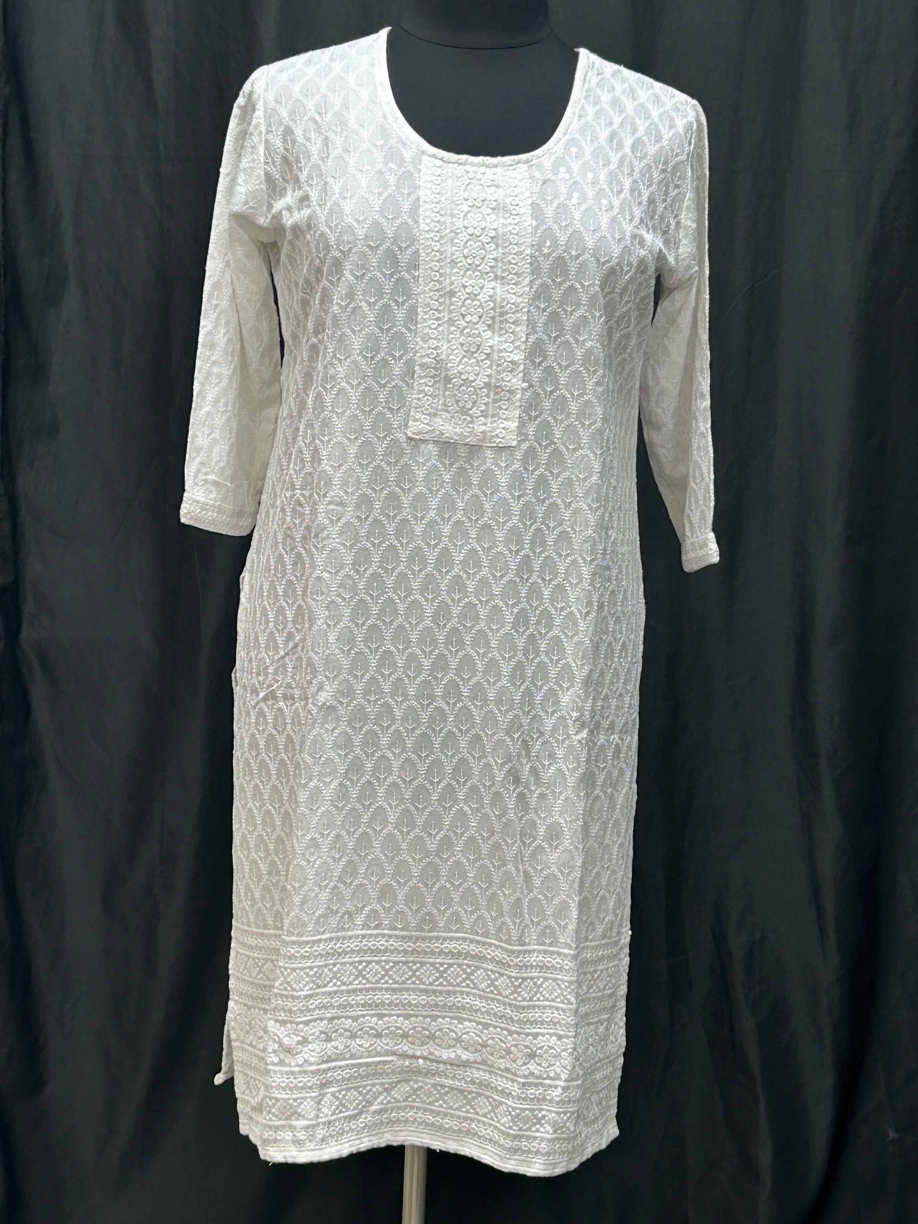 White chikankari kurti with light sequin work by Kurti Connection USA
