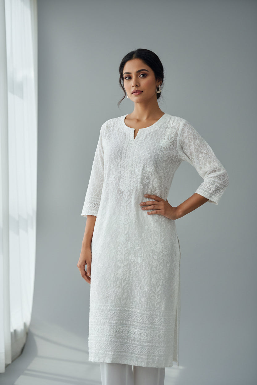 White chikankari kurti with light sequin work by Kurti Connection USA