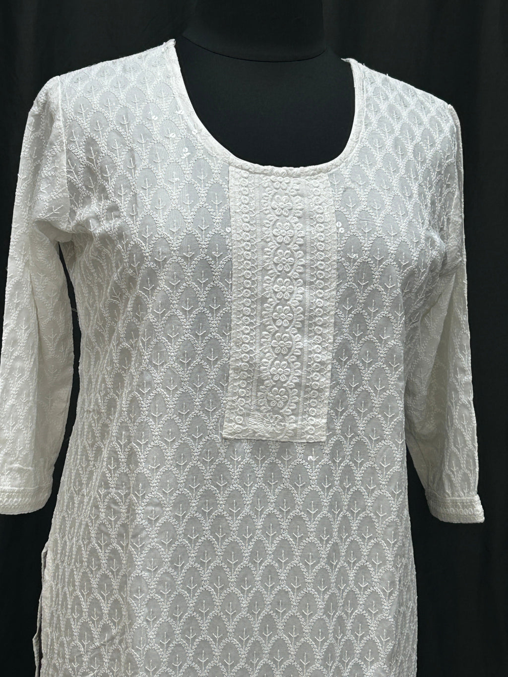 White chikankari kurti with light sequin work by Kurti Connection USA