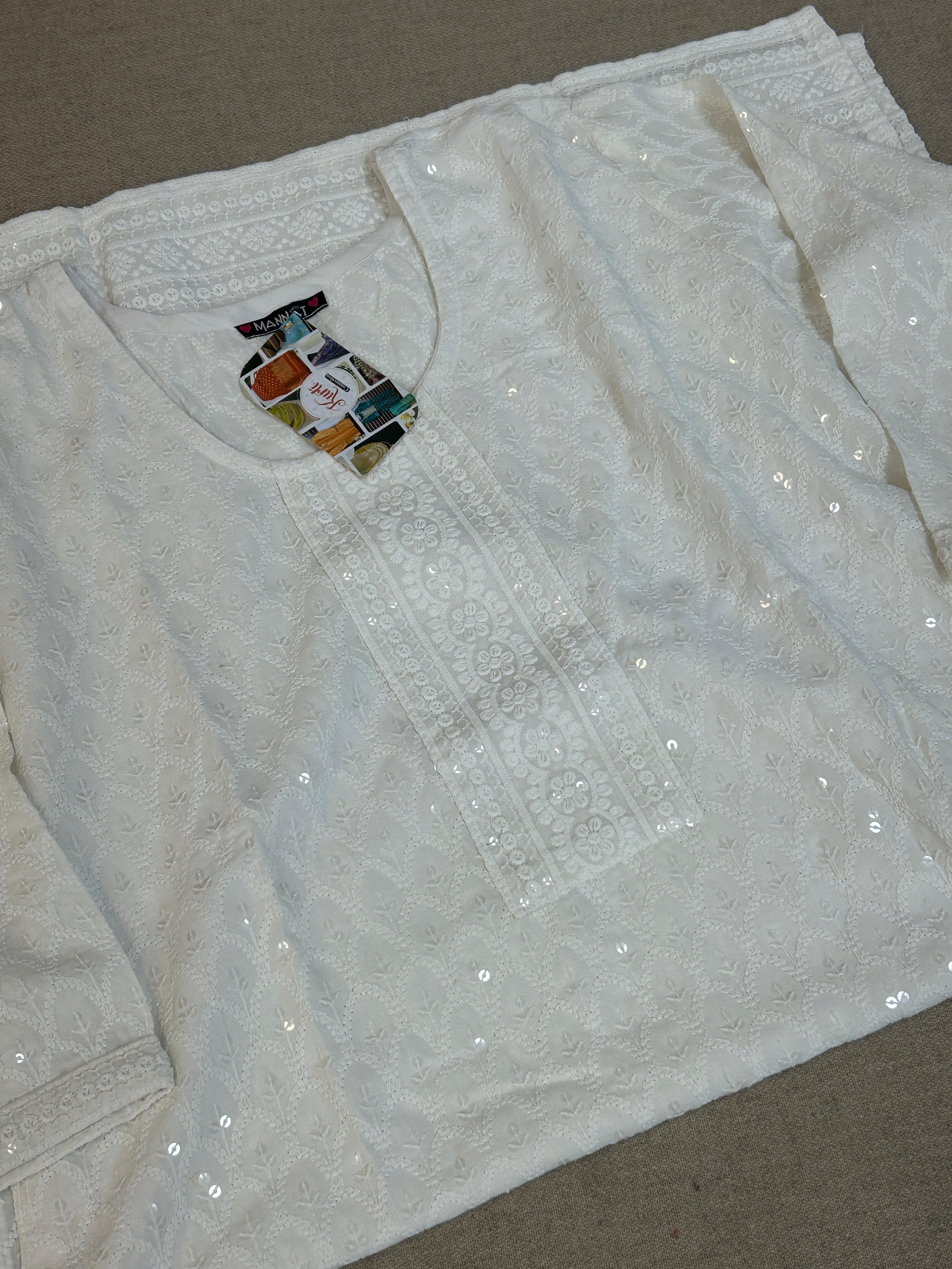 White chikankari kurti with light sequin work by Kurti Connection USA