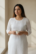 White chikankari kurti with light sequin work by Kurti Connection USA