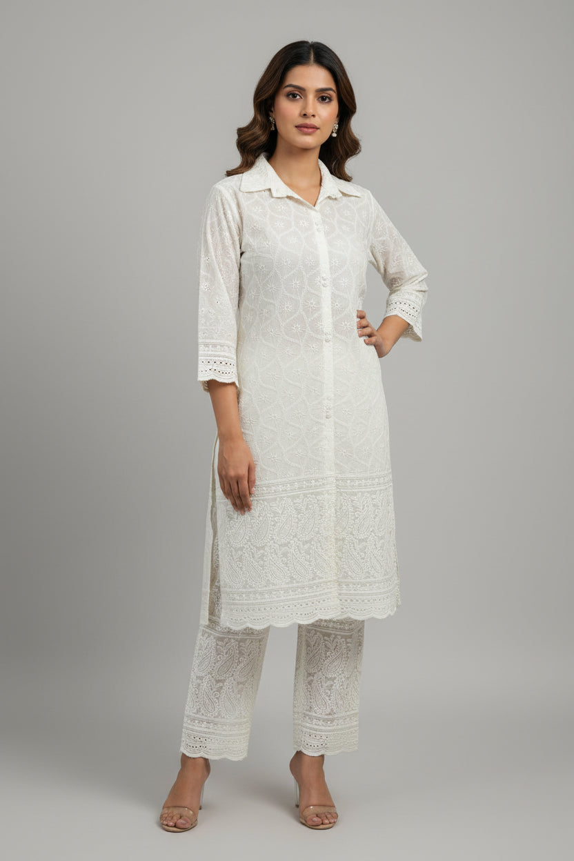 Pure cotton chikankari kurti set by Kurti Connection USA