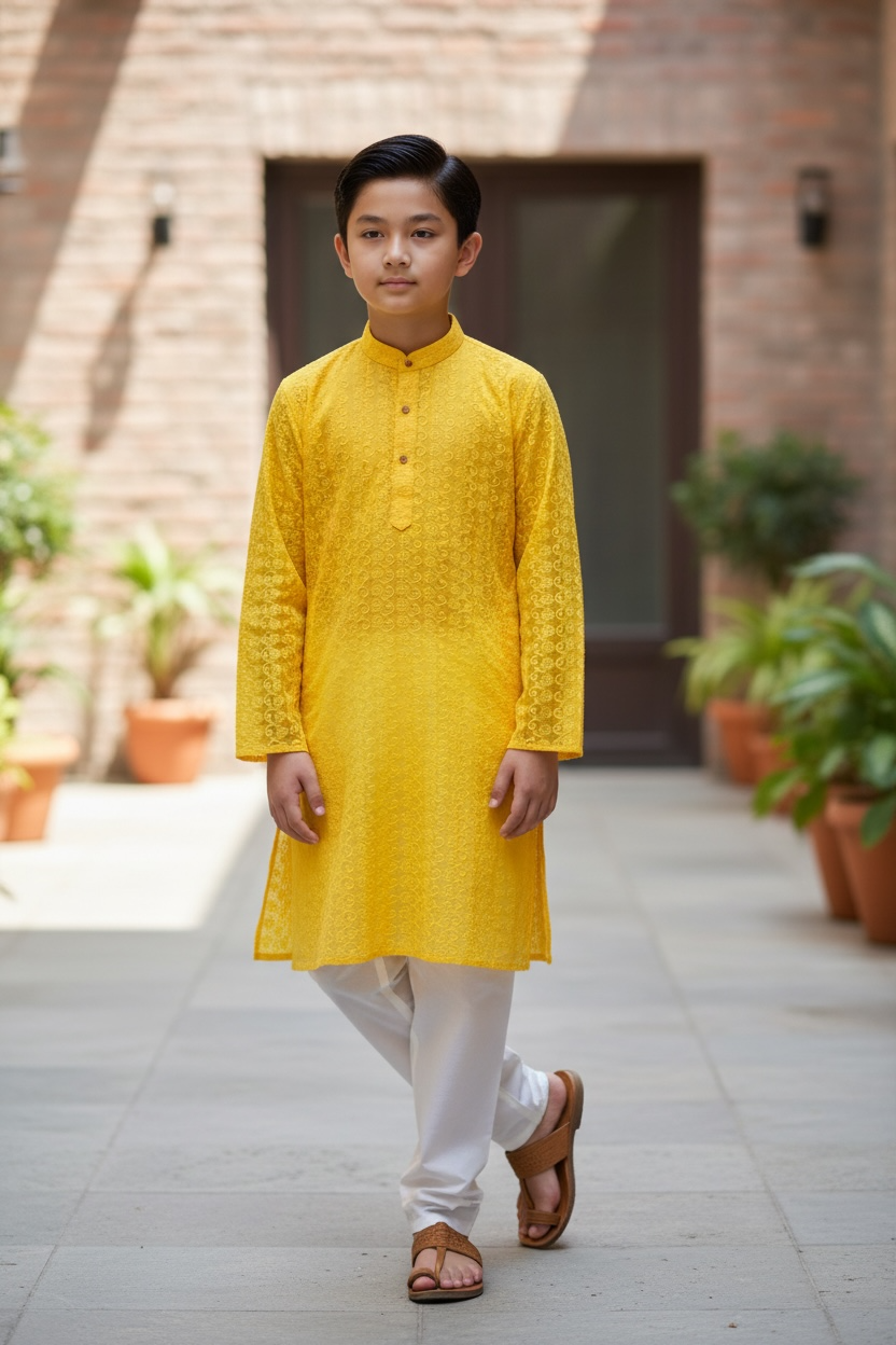 Yellow cotton Kurta set for kids